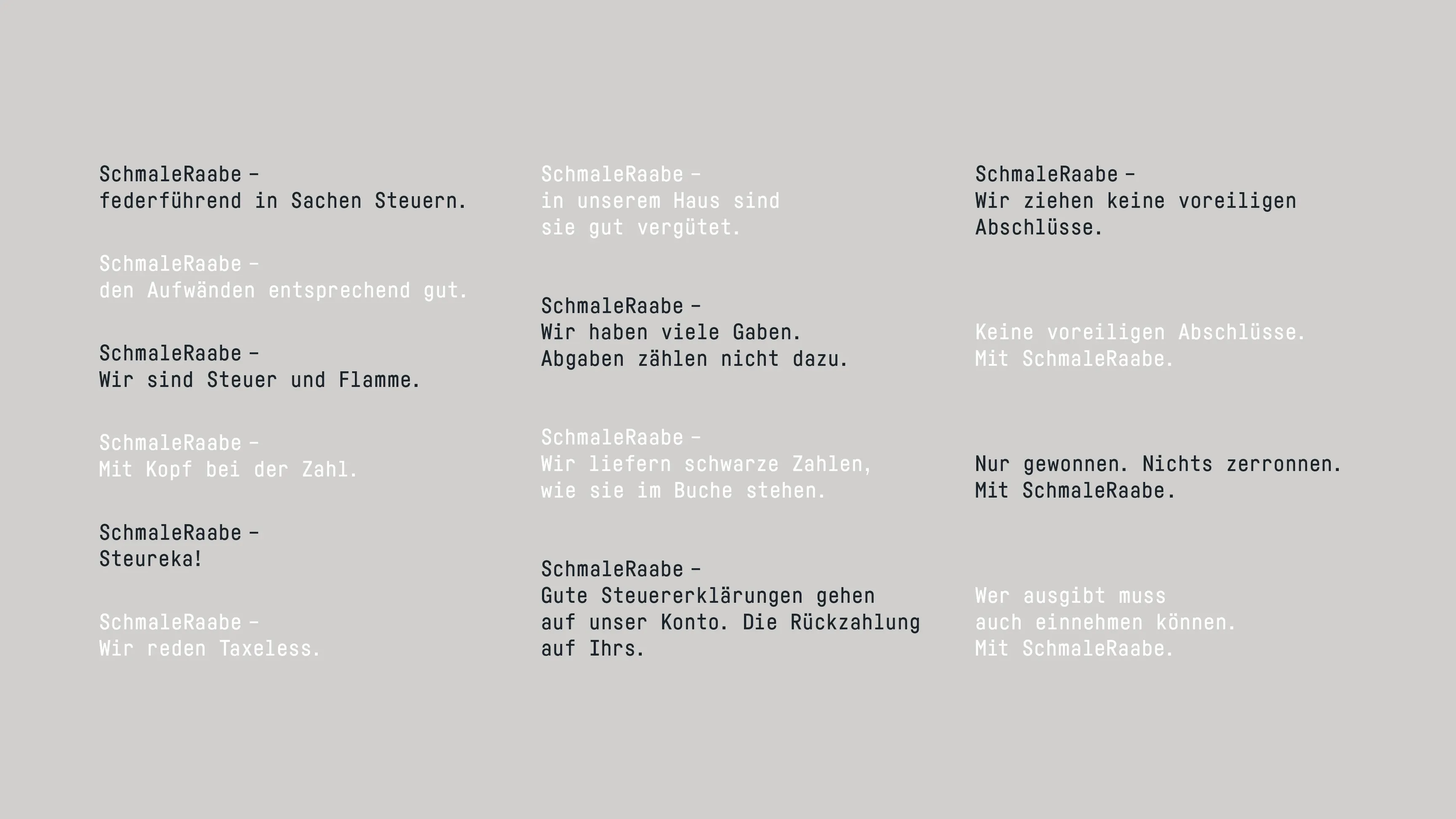 Graues Typografie-Poster mit weißen Steuer-Slogans und dem Namen SchmalzRaabe