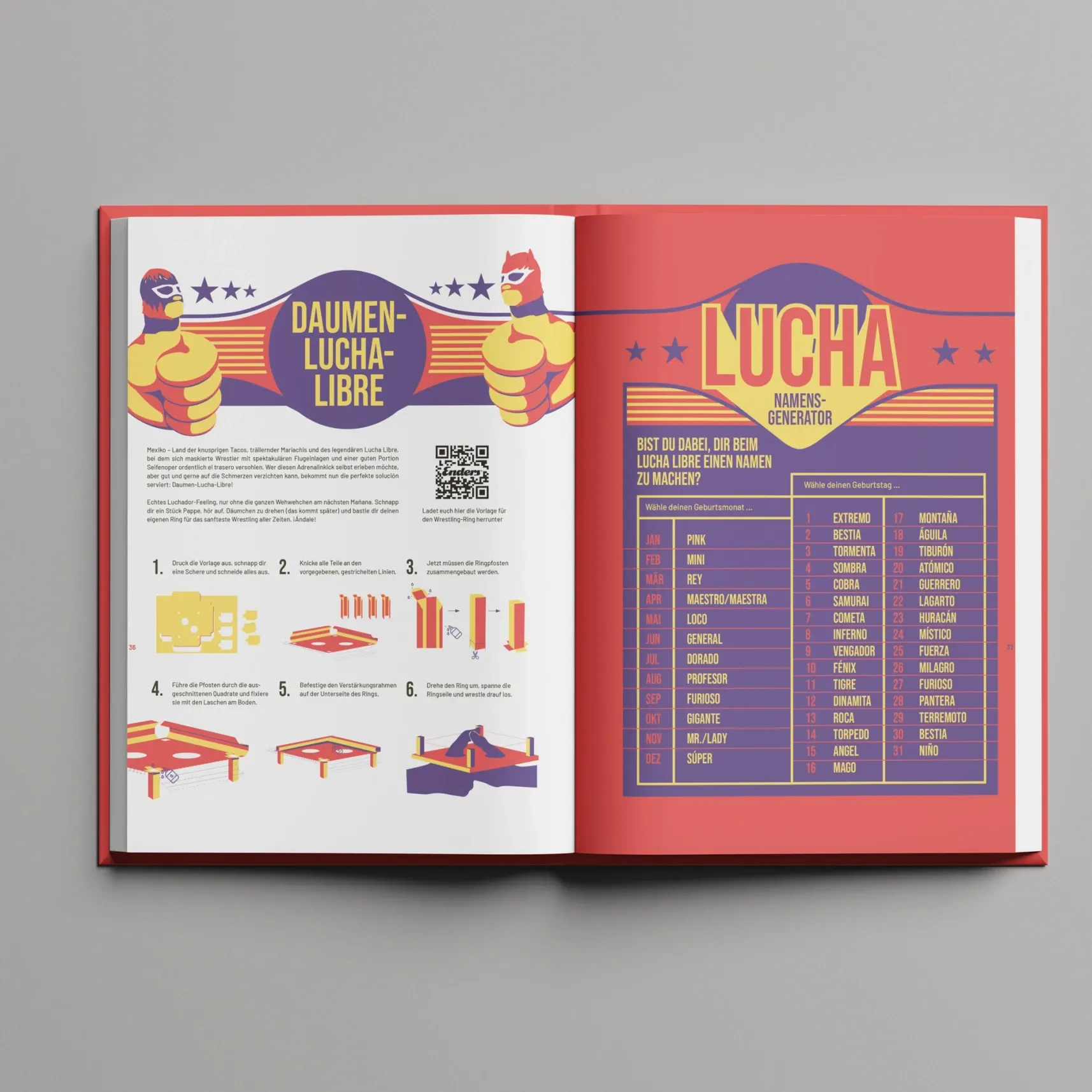 Aufgeschlagenes Buch mit bunten Lucha-Libre-Illustrationen, Anleitungen und einem Namensgenerator