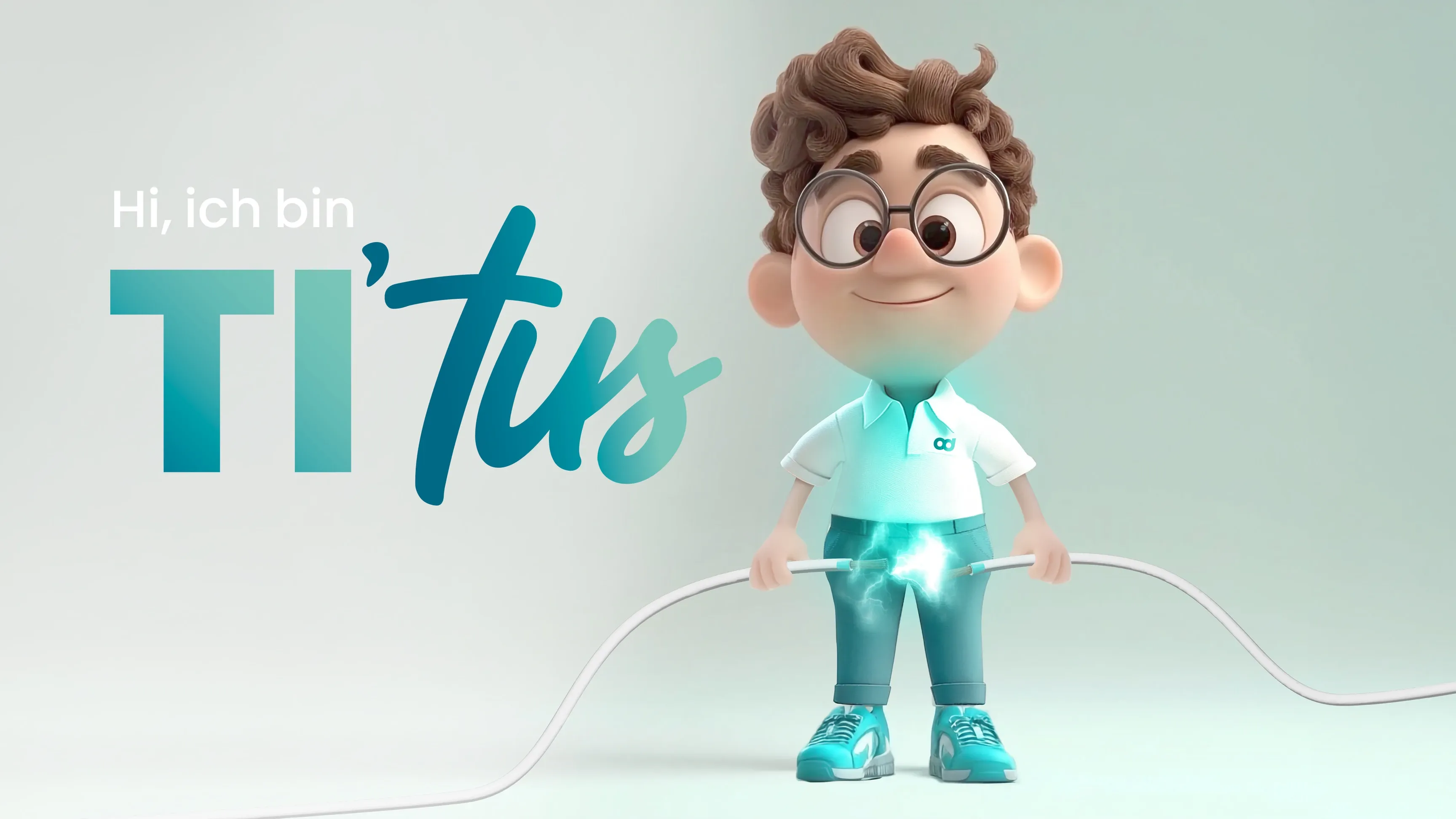 3D-Comicjunge mit Brille hält leuchtendes Kabel; Text: „Hi, ich bin TI’tus“