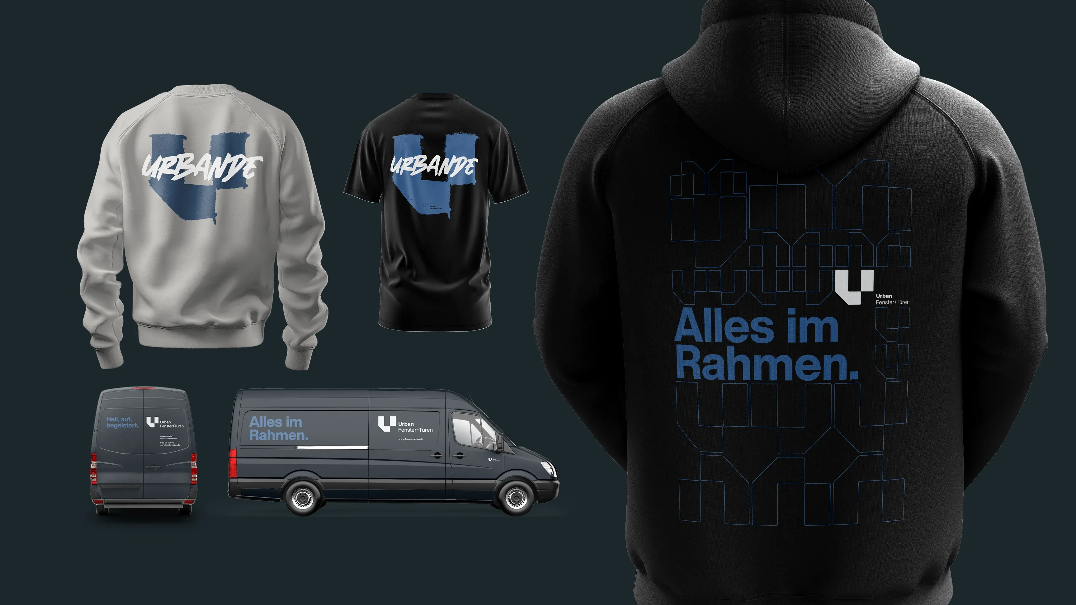 Branding-Mockup mit dunklen Hoodies, T-Shirts und Lieferwagen, blauem Slogan "Alles im Rahmen" und U-Logo auf dunklem Hintergrund