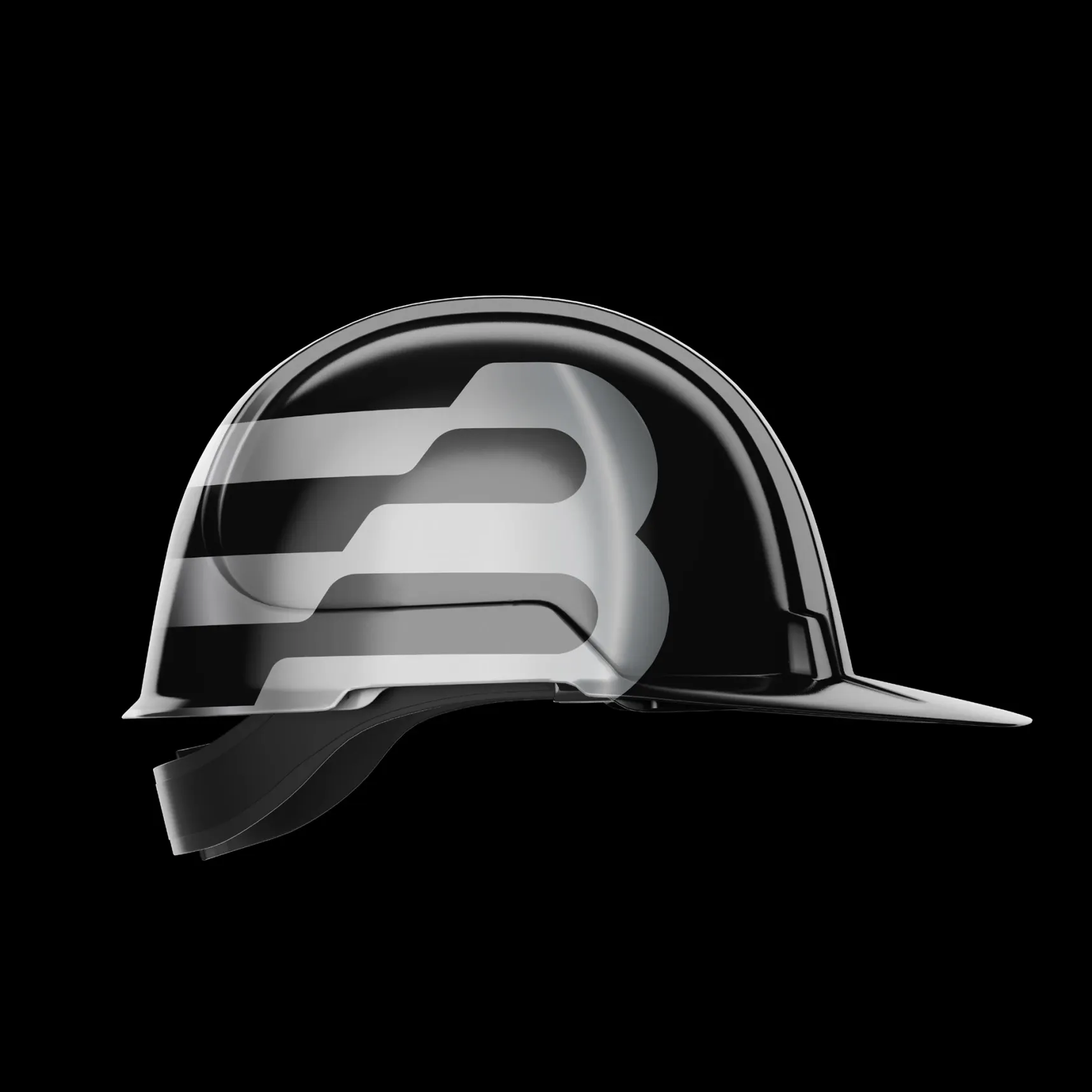 Schwarzer Bauhelm in Seitenansicht mit großem grauen B-Logo auf schwarzem Hintergrund