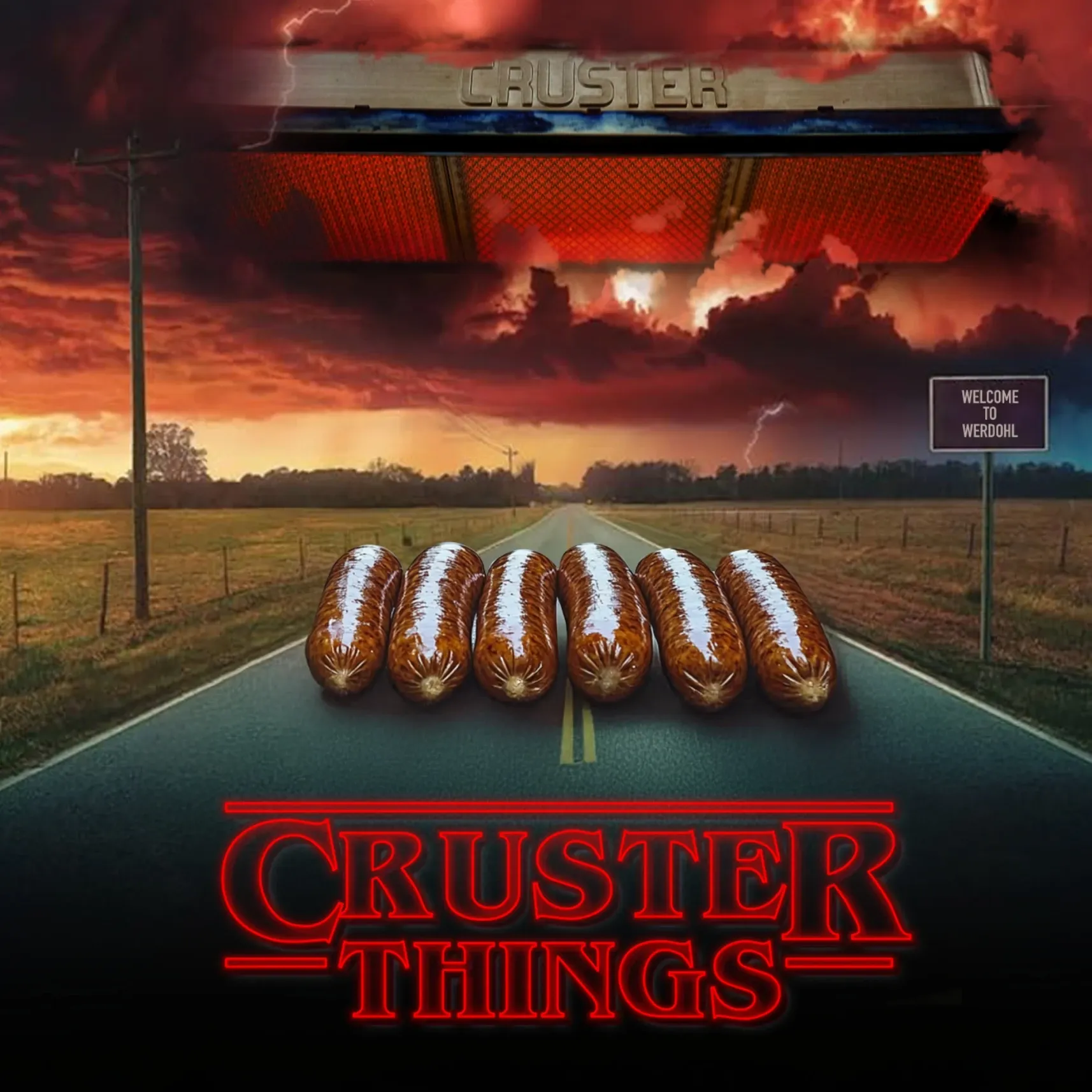 Düstere Landstraße unter rotem Himmel, mehrere längliche braune Objekte auf dem Asphalt, oben ein Gerät mit roten Heizelementen, Text „CRUSTER THINGS“