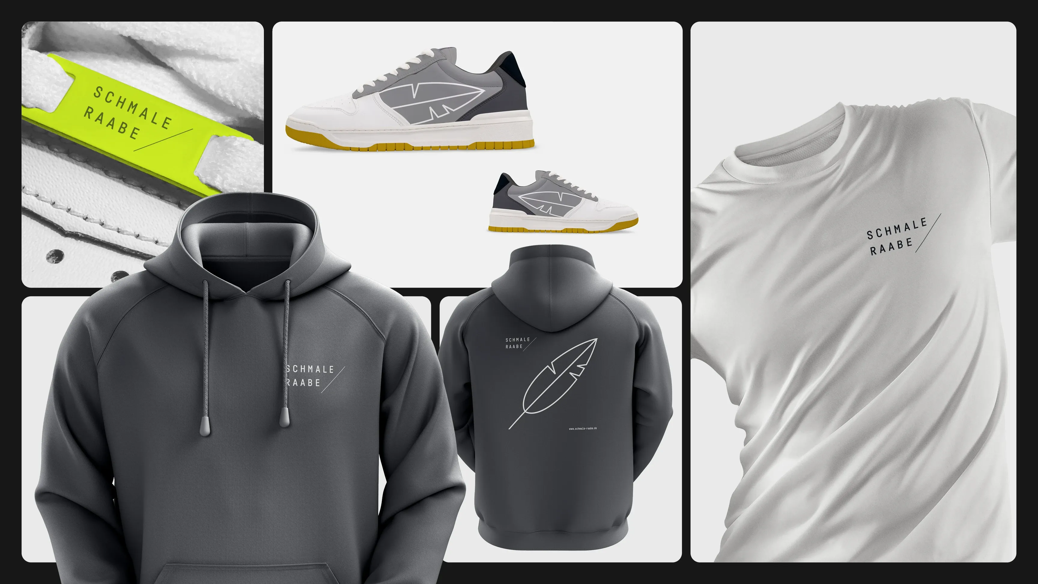 Collage mit grauem Hoodie (vorn und hinten), weißem T‑Shirt und grau‑weißen Sneakern mit gelber Sohle, alle mit „SCHMALE RABBE“ und Federlogo