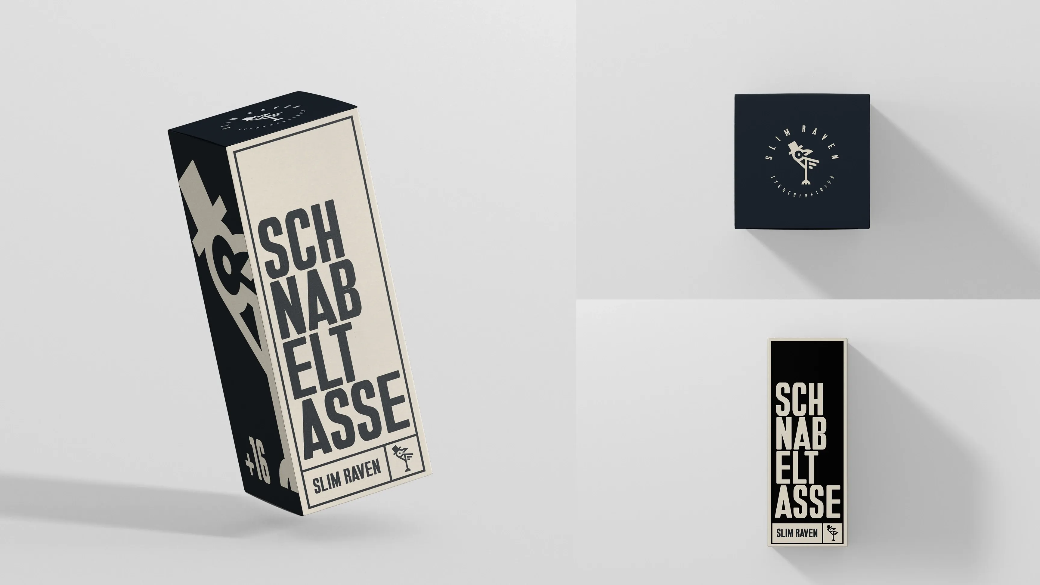 Schwarz-beige Produktverpackung mit Aufdruck „SCHNABELTASSE“ und Vogel-Logo