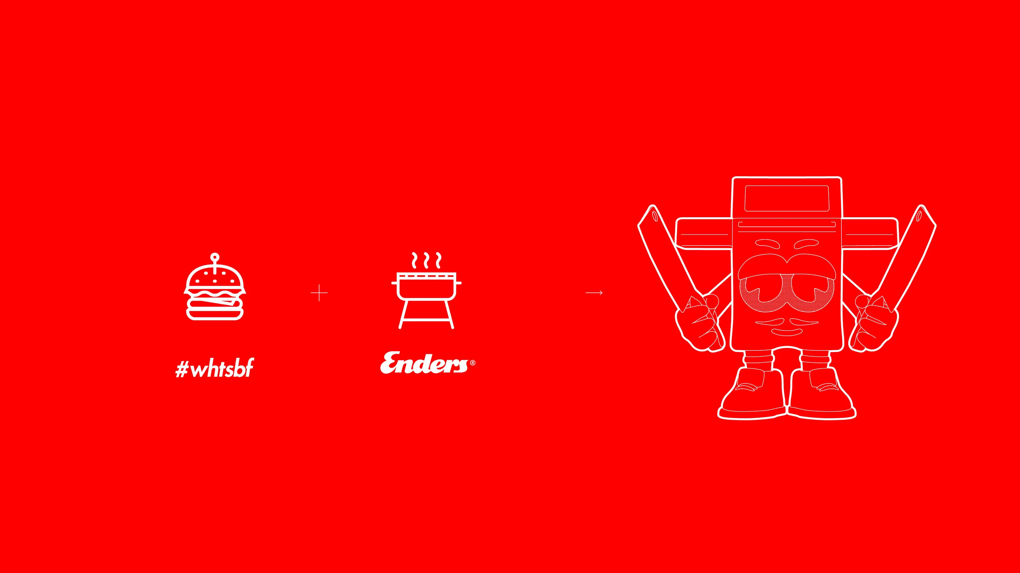 Rote Grafik mit Burger- und Grill-Icons, Enders-Logo und gezeichnetem Grill-Maskottchen