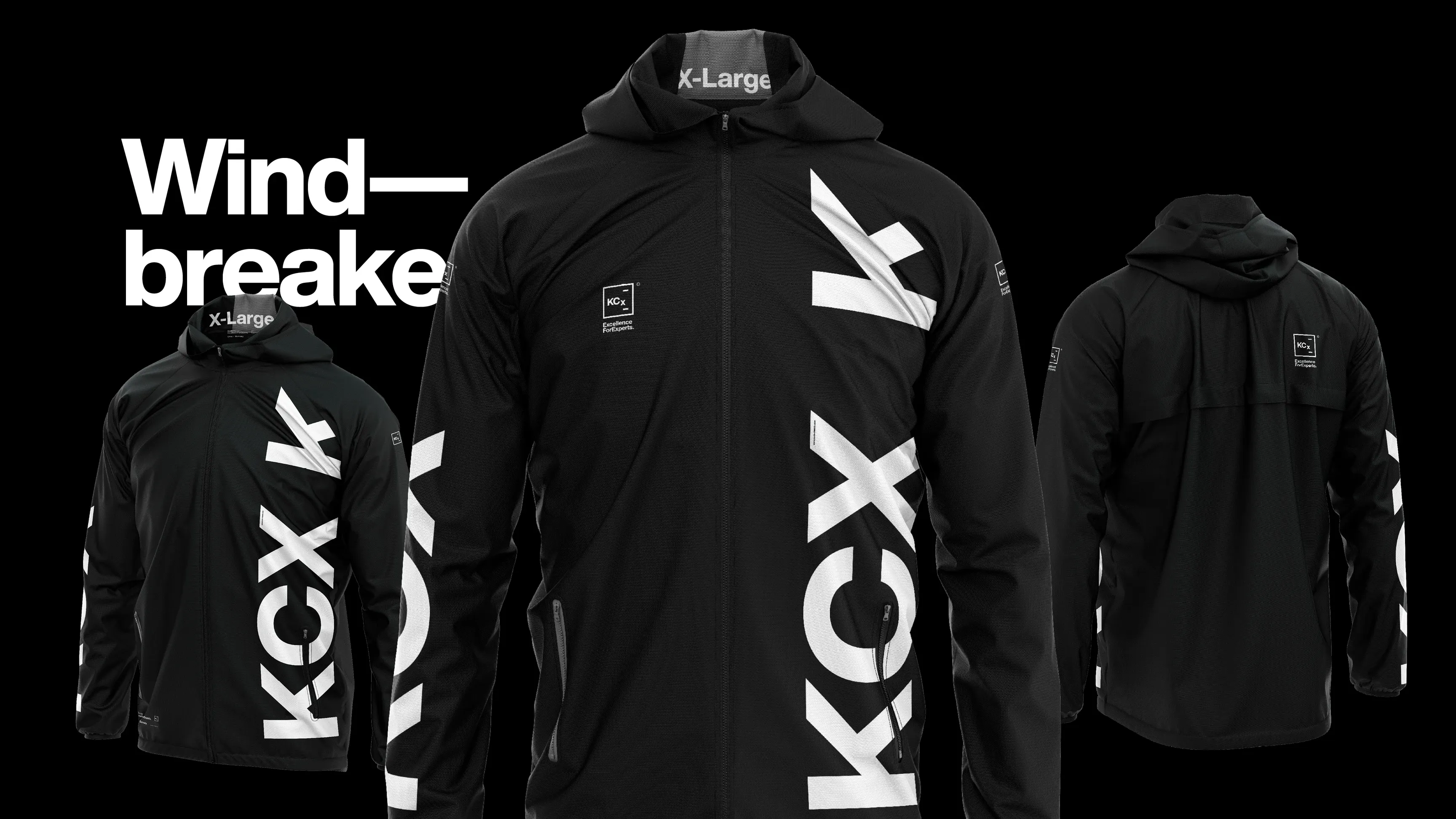 Schwarzer Windbreaker mit großem weißen KCX-Schriftzug in Front- und Rückansicht
