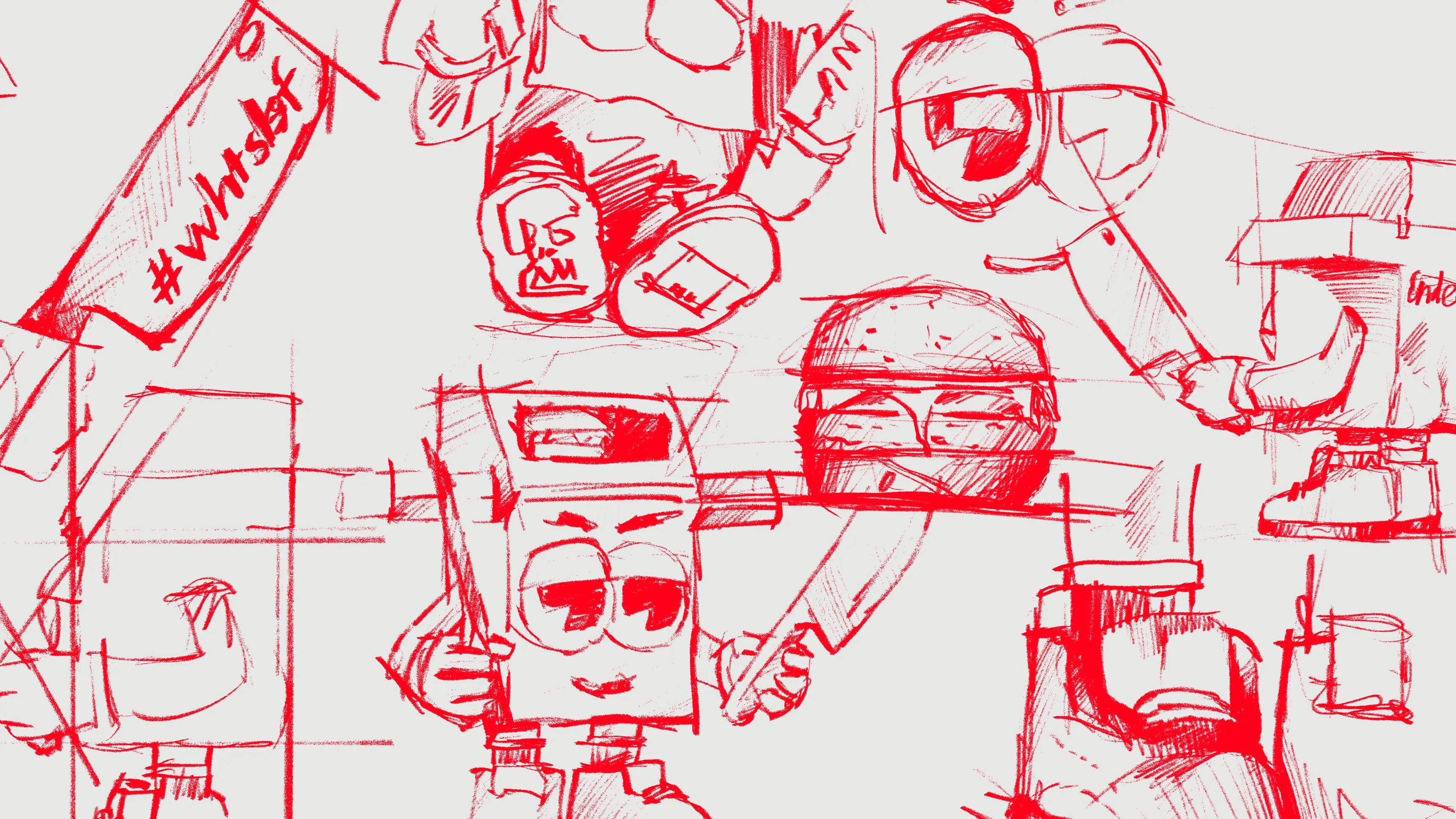 Rote Skizze mit Comicfiguren, einer Lupe und einem Burger mit Gesicht