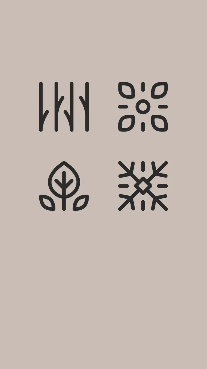Vier schwarze Natur-Icons (Bäume, Blume, Blatt, Schneeflocke) in 2x2-Anordnung auf beigem Hintergrund
