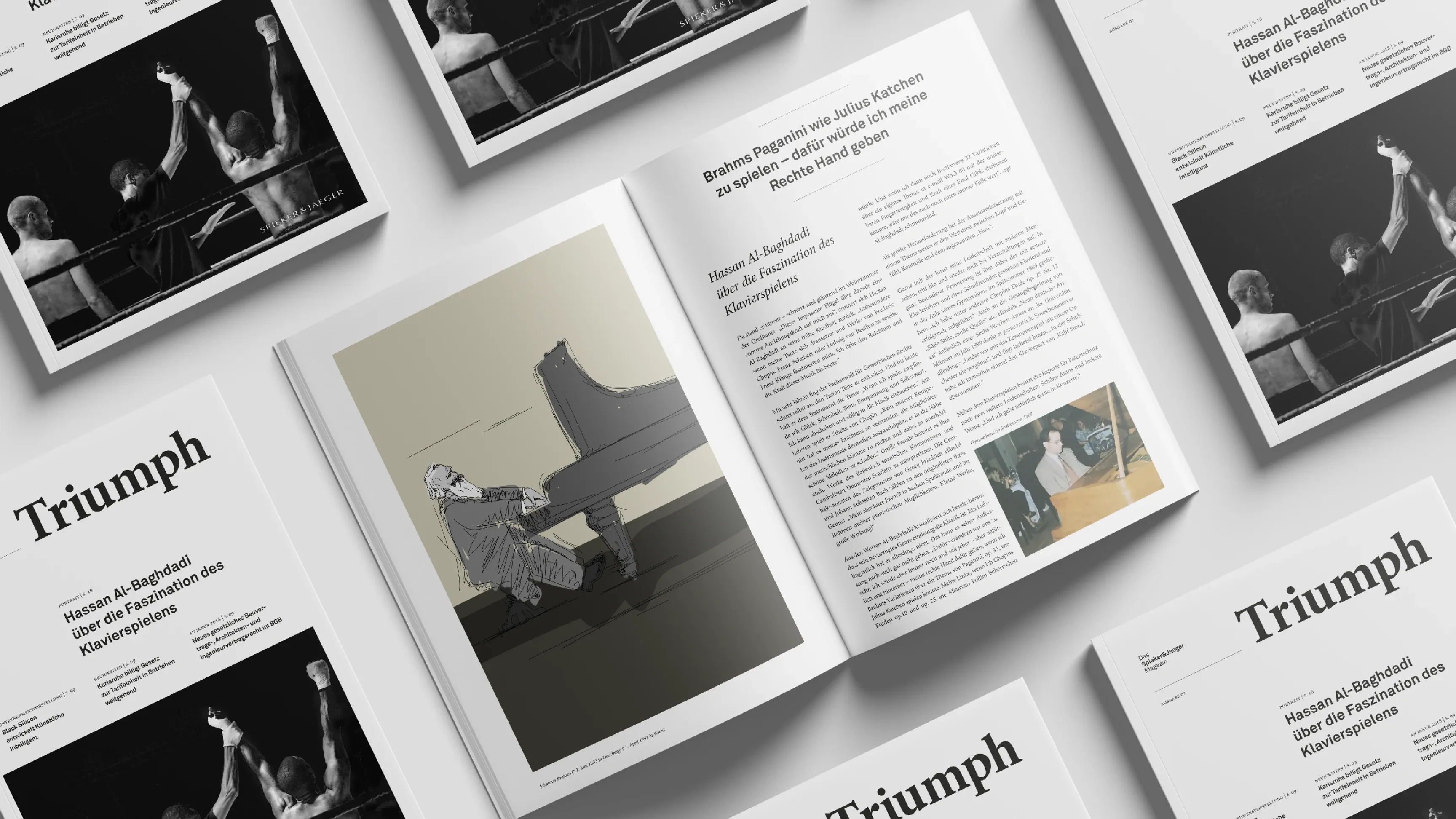Magazin-Mockup mit mehreren „Triumph“-Ausgaben, offene Doppelseite mit Illustration eines Pianisten am Flügel