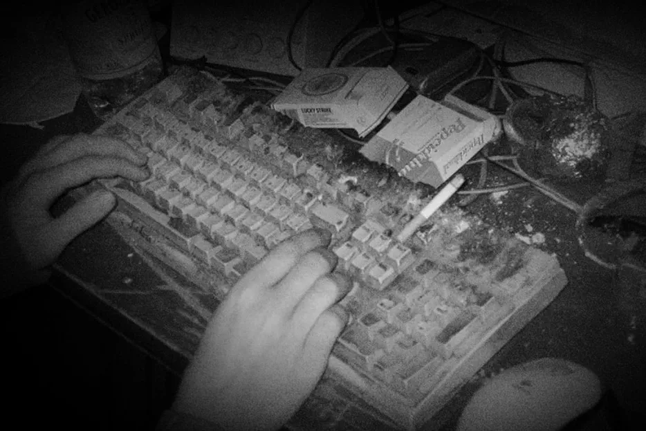 Schwarz-weiß-Foto einer stark verschmutzten Computertastatur mit einer brennenden Zigarette und Händen auf den Tasten