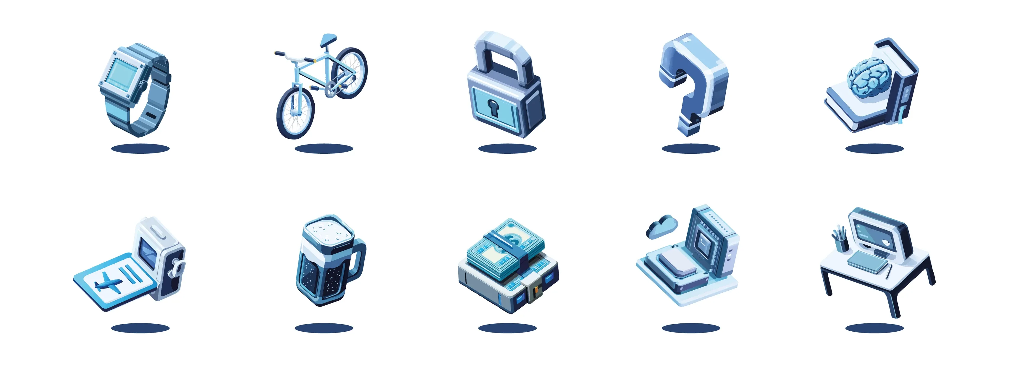 Zehn blaue 3D-Icons verschiedener Gegenstände in zwei Reihen auf weißem Hintergrund