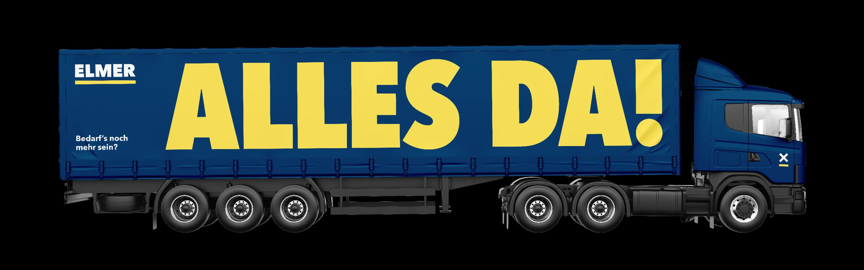 Blauer Lkw mit Auflieger, gelbe Aufschrift 'ALLES DA!'