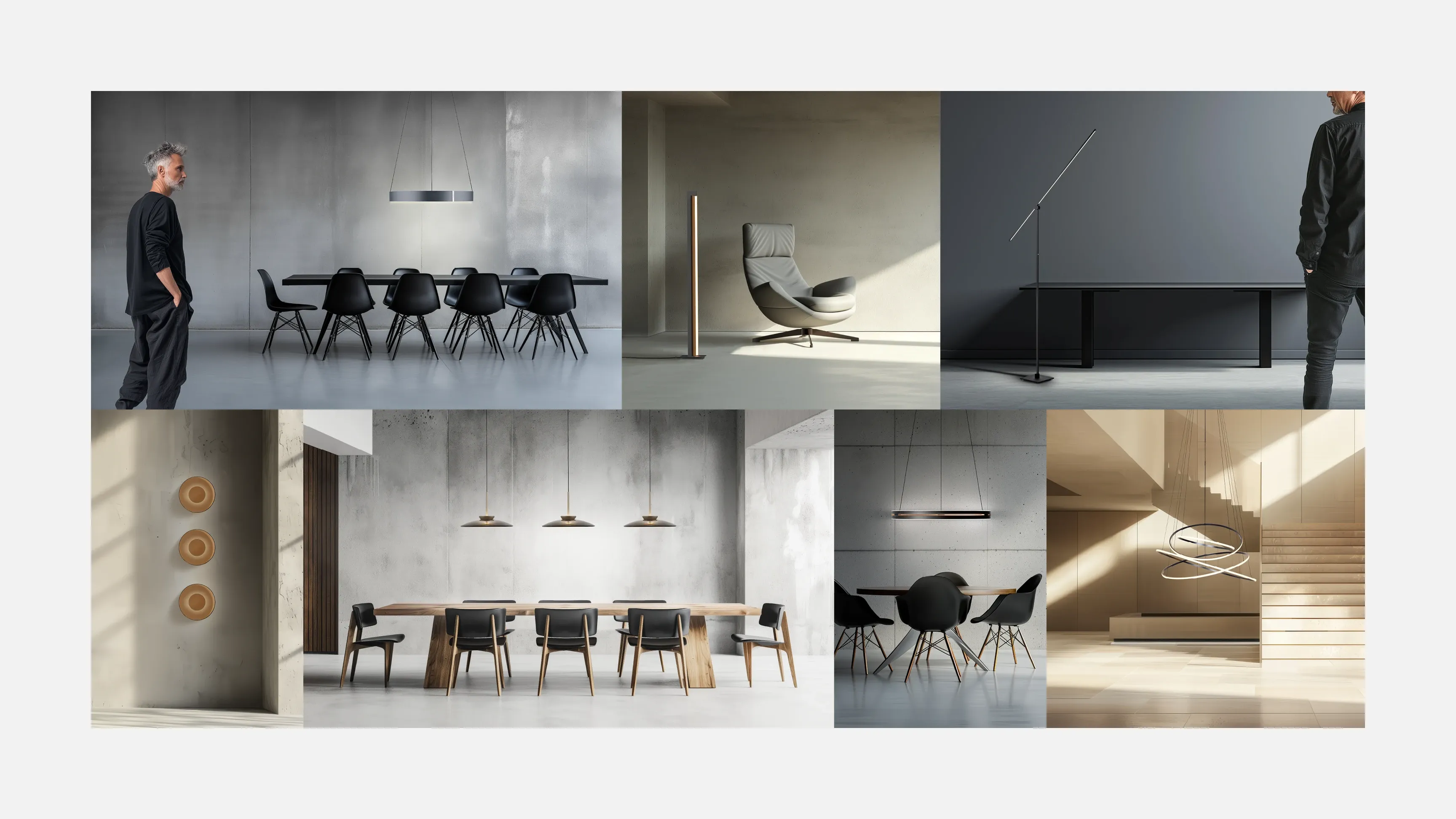 Collage minimalistischer Innenräume mit Betonwänden: Essbereiche mit schwarzen Stühlen, Lounge-Sessel, Steh- und Pendelleuchten, skulpturales Treppenhaus, ein Mann links und rechts