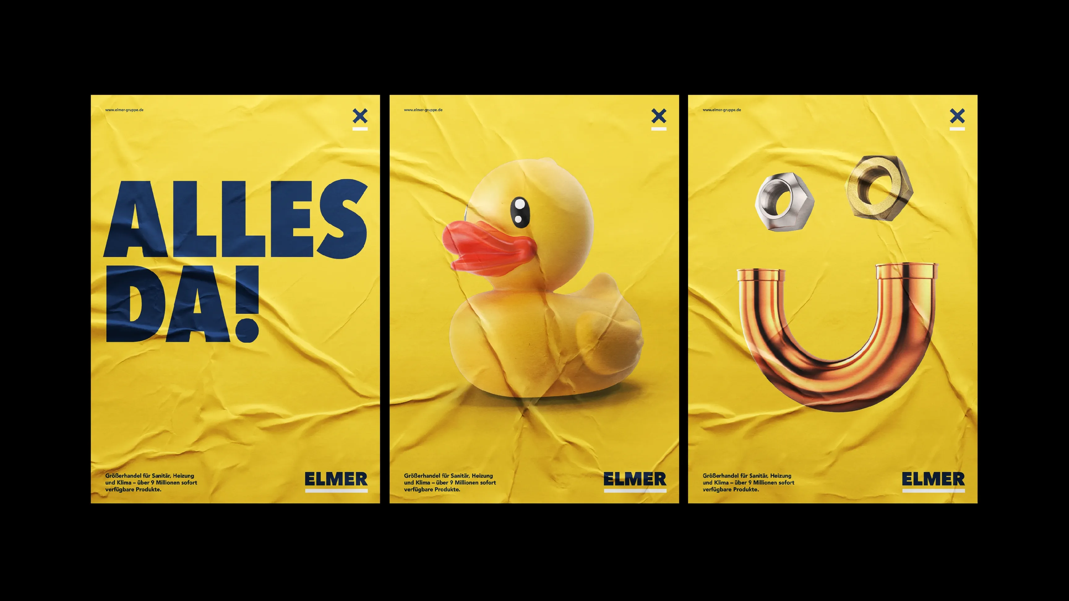 Drei gelbe Plakate: links „ALLES DA!“, Mitte gelbe Gummiente, rechts Smiley aus zwei Muttern und U-förmigem Kupferrohr, mit ELMER-Branding