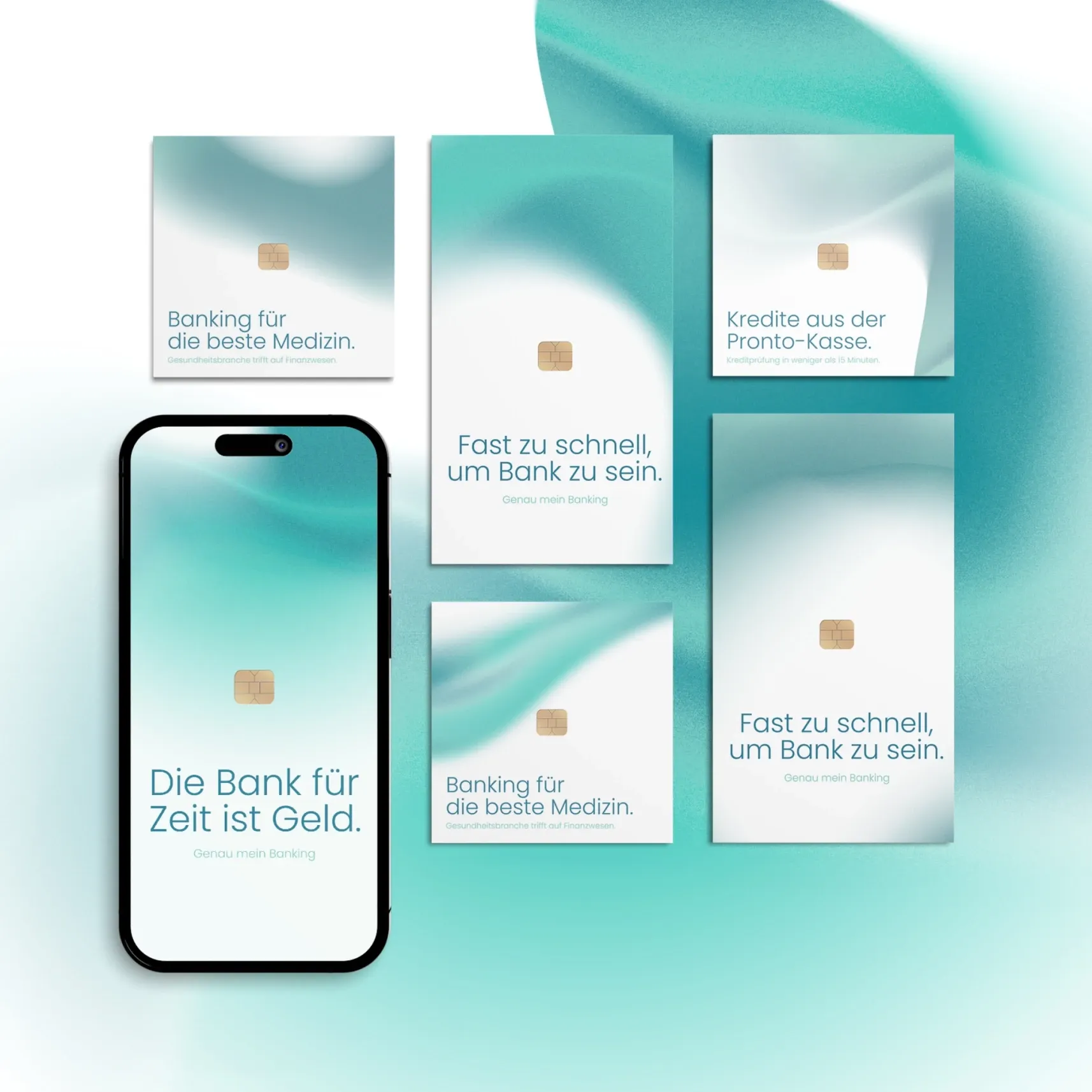 Türkisfarbenes Werbelayout mit Smartphone und fünf Karten, die Bank‑Slogans zu Banking, Krediten und Schnelligkeit zeigen
