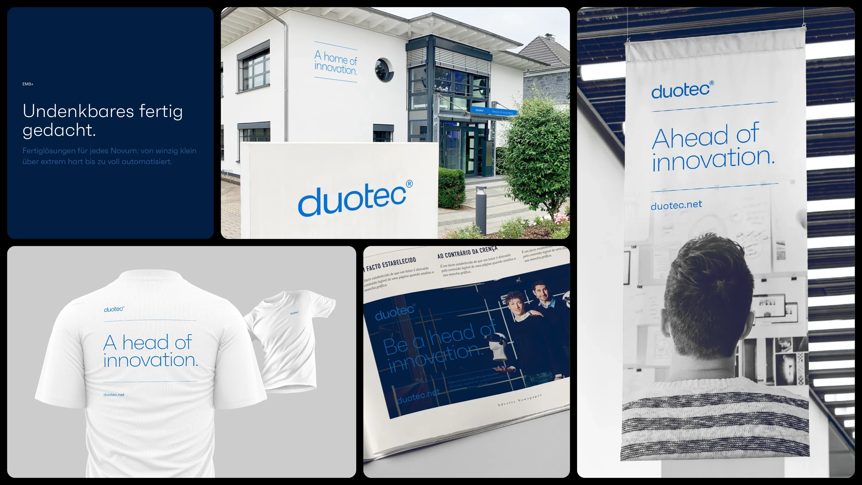 Collage des duotec-Brandings: Firmengebäude, Banner mit „Ahead of innovation“, T‑Shirt und Broschüre
