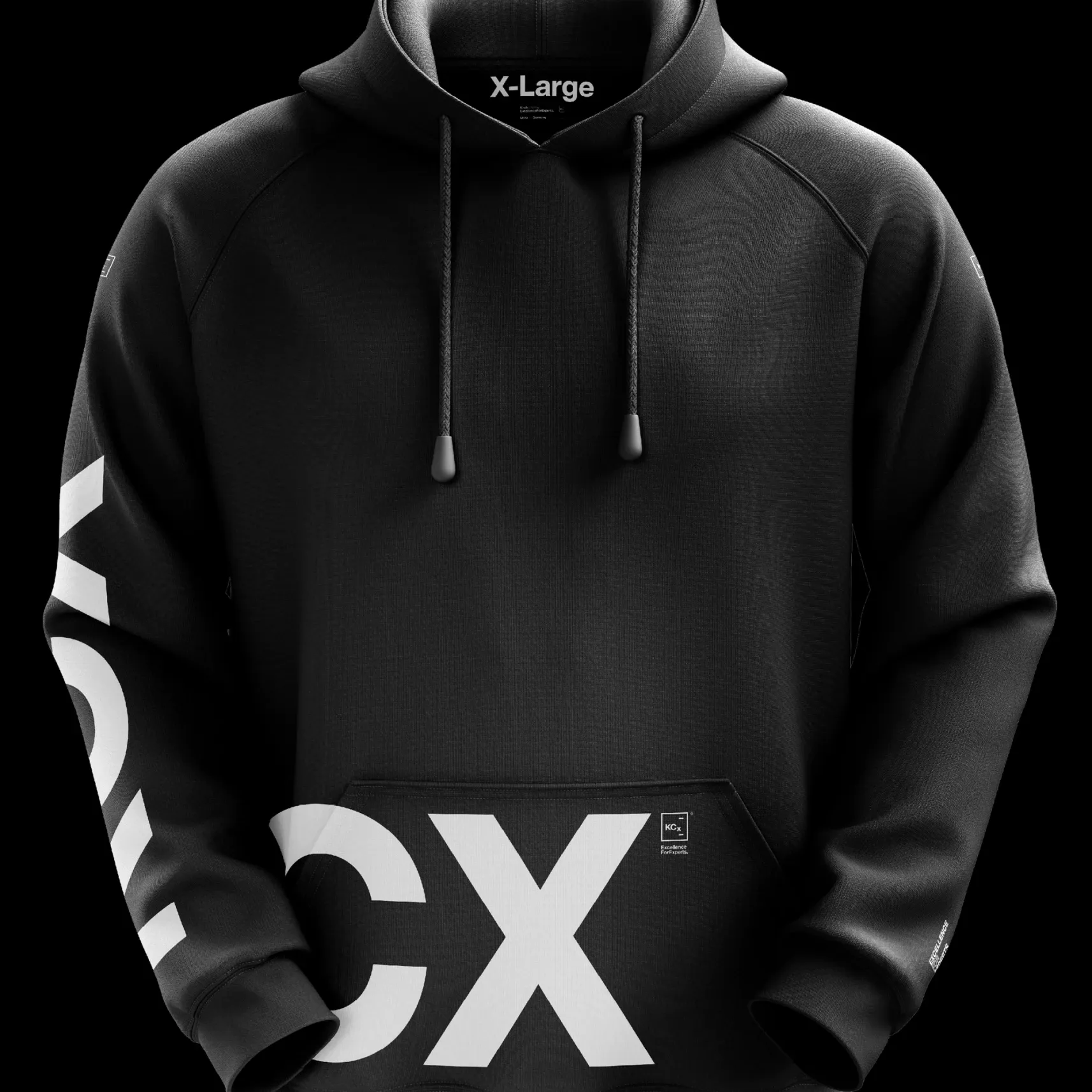 Schwarzer Hoodie mit Kordeln, Kängurutasche und großem weißem X, Etikett „X-Large“ am Kragen