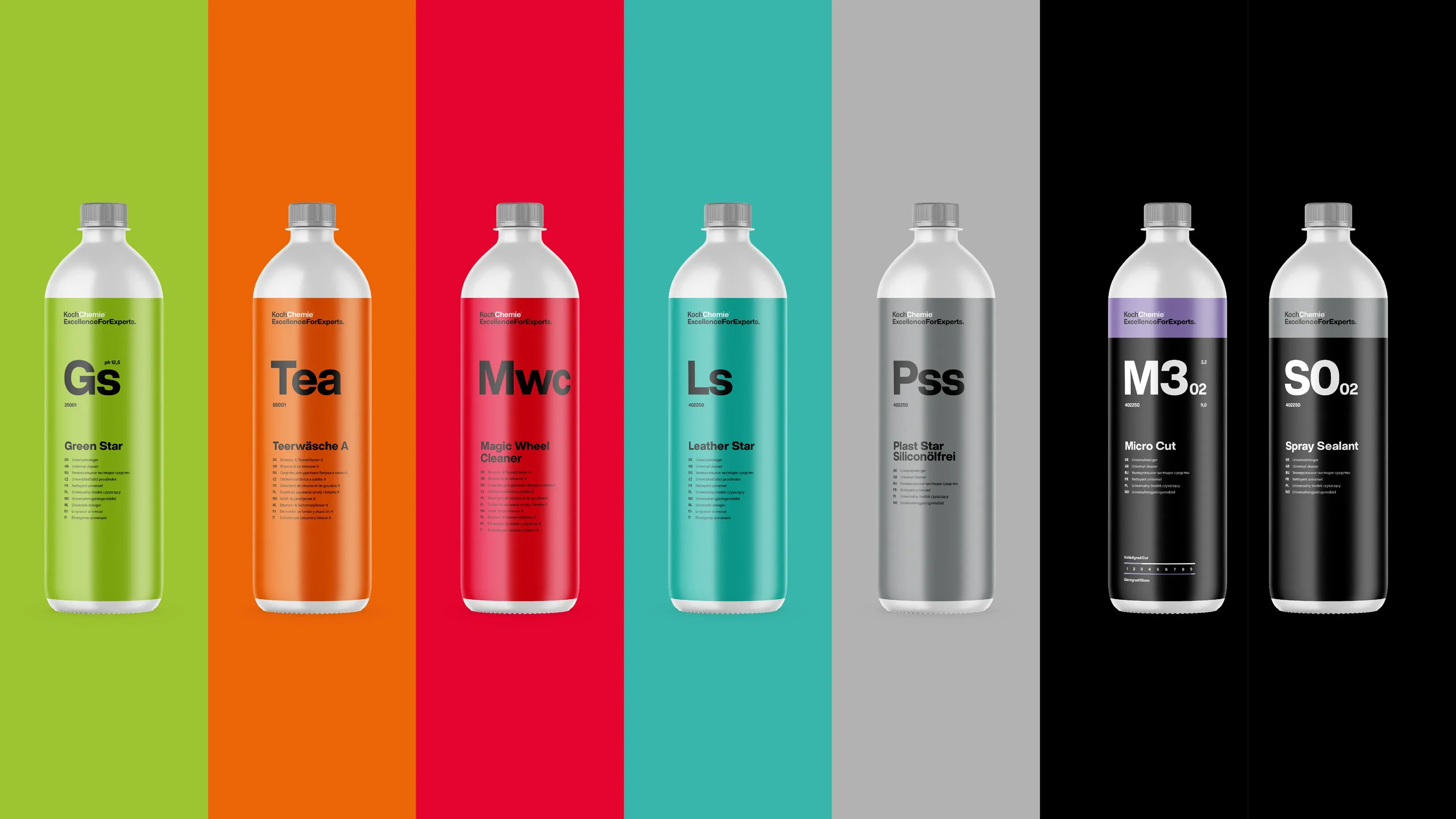 Sieben Produktflaschen mit farbigen Etiketten in Reihe vor farbigen Streifen