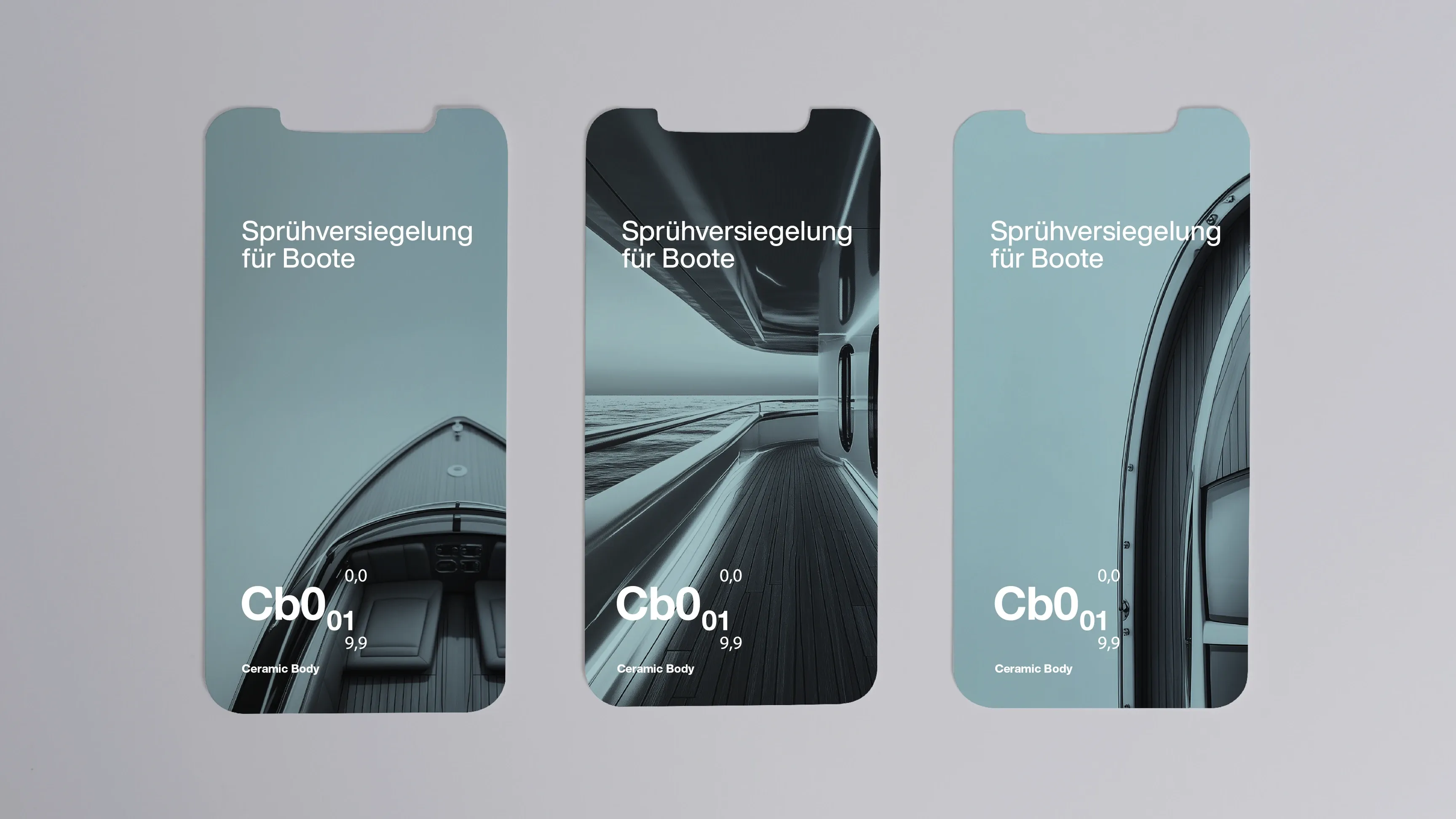 Drei Smartphone-Mockups mit maritimen Bildern und dem Text „Sprühversiegelung für Boote“