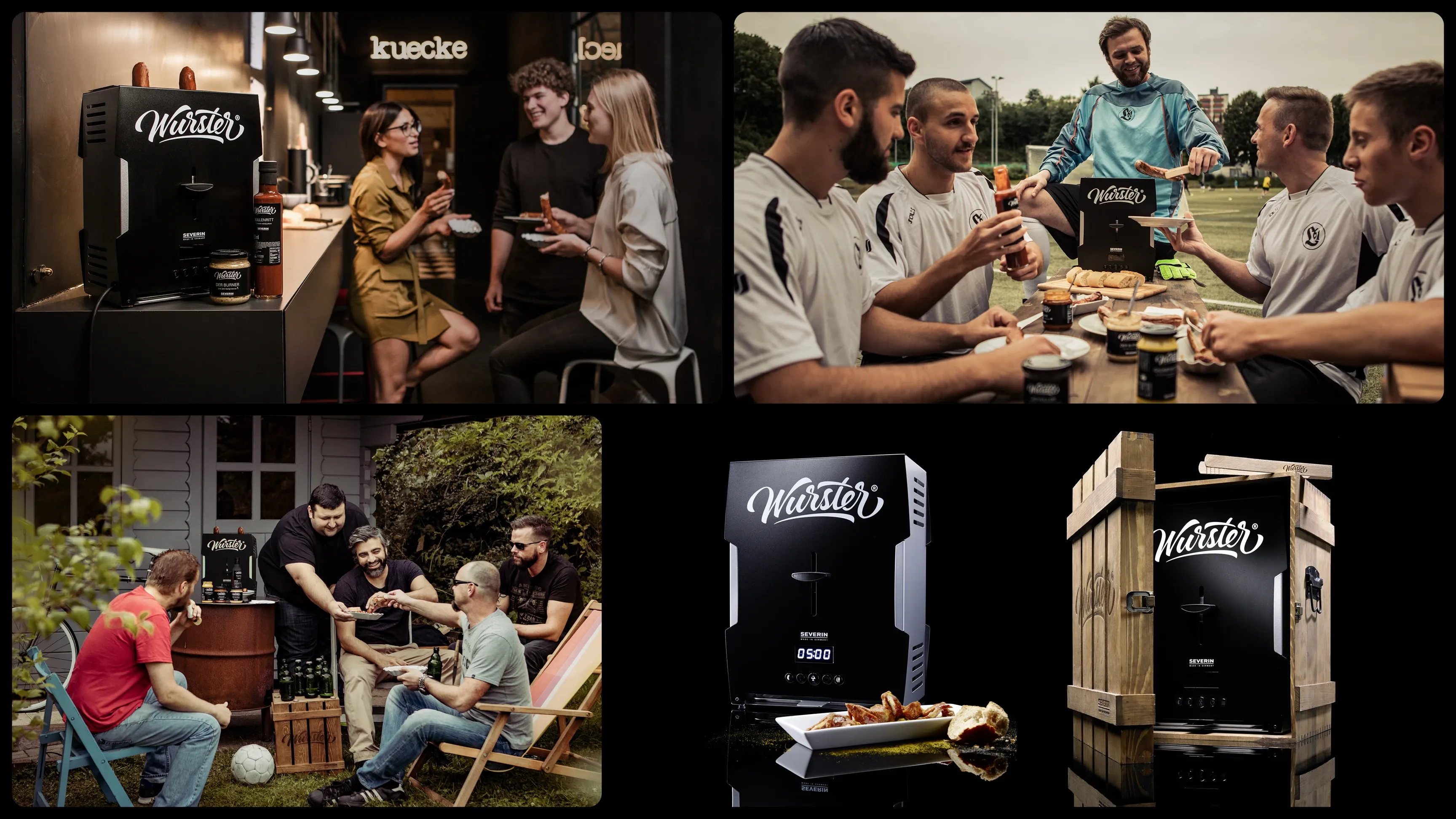 Collage: Menschen zapfen und trinken Bier mit einer schwarzen Heimzapfanlage, daneben zwei Produktfotos