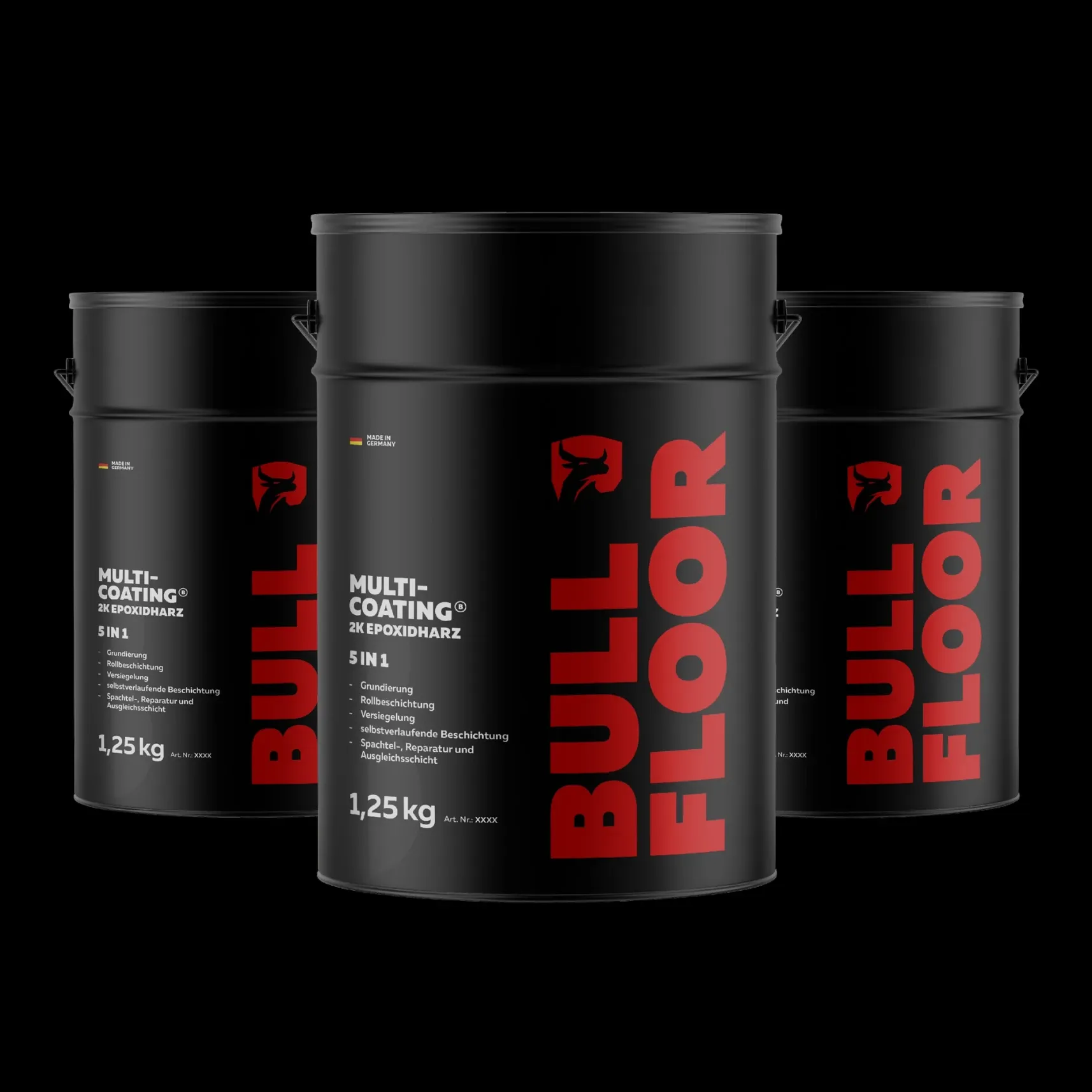 Drei schwarze Farbeimer mit rotem BULL FLOOR‑Branding, Multi-Coating 2K Epoxidharz 5-in-1, 1,25 kg, vor schwarzem Hintergrund