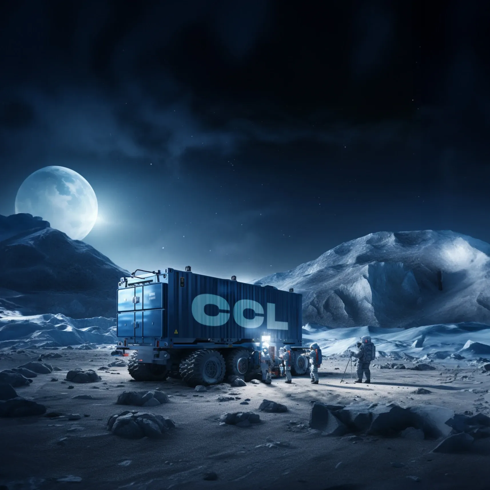 Astronauten neben blauem CCL-Containerfahrzeug in karger, mondähnlicher Landschaft bei Nacht
