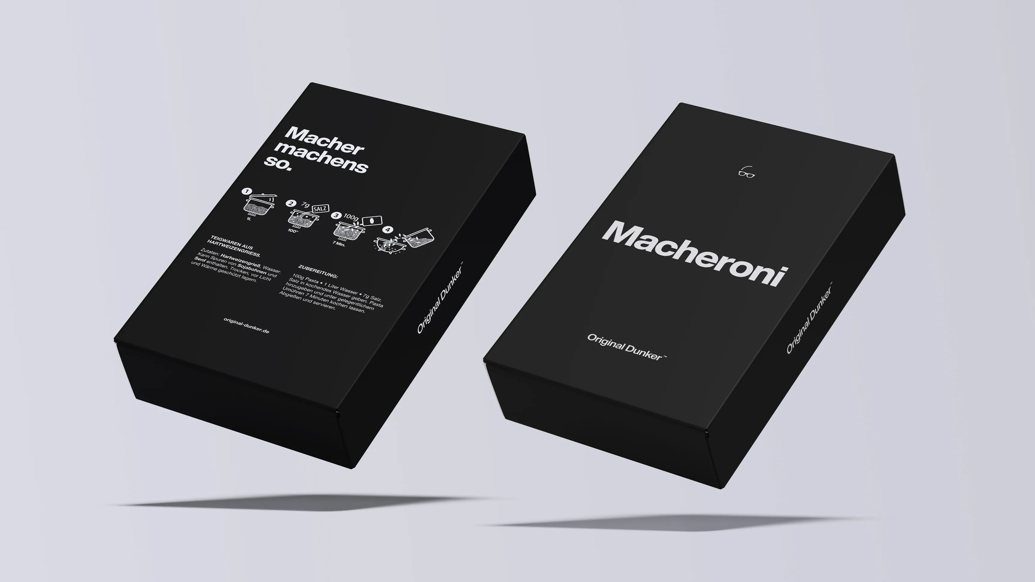 Zwei schwarze Produktboxen im minimalistischen Design mit der Aufschrift „Macheroni“