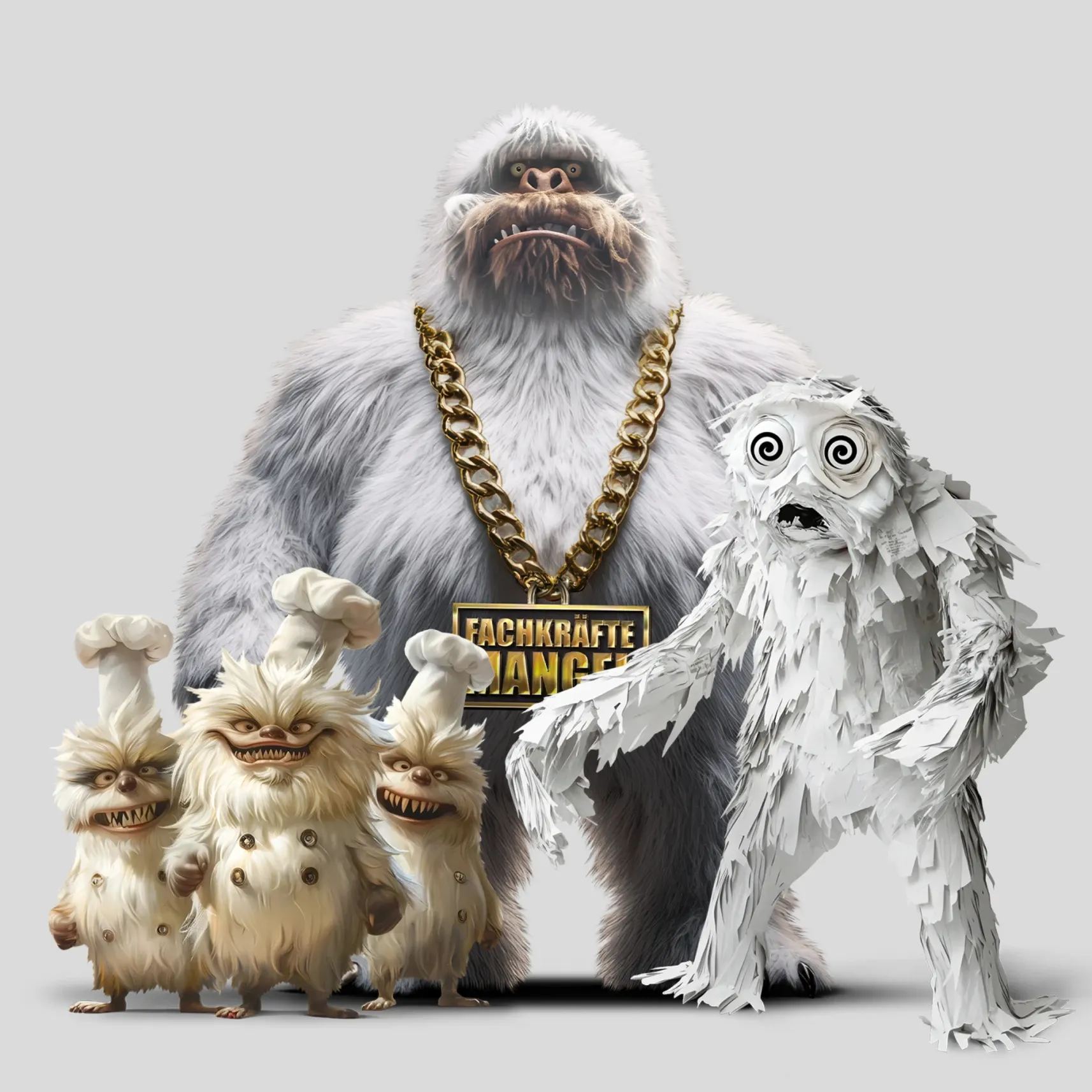 Gruppe comicartiger Yetis: großer mit Goldkette „FACHKRÄFTE MANGEL“, drei kleine mit Kochmützen, daneben ein zerfetzter weißer Yeti