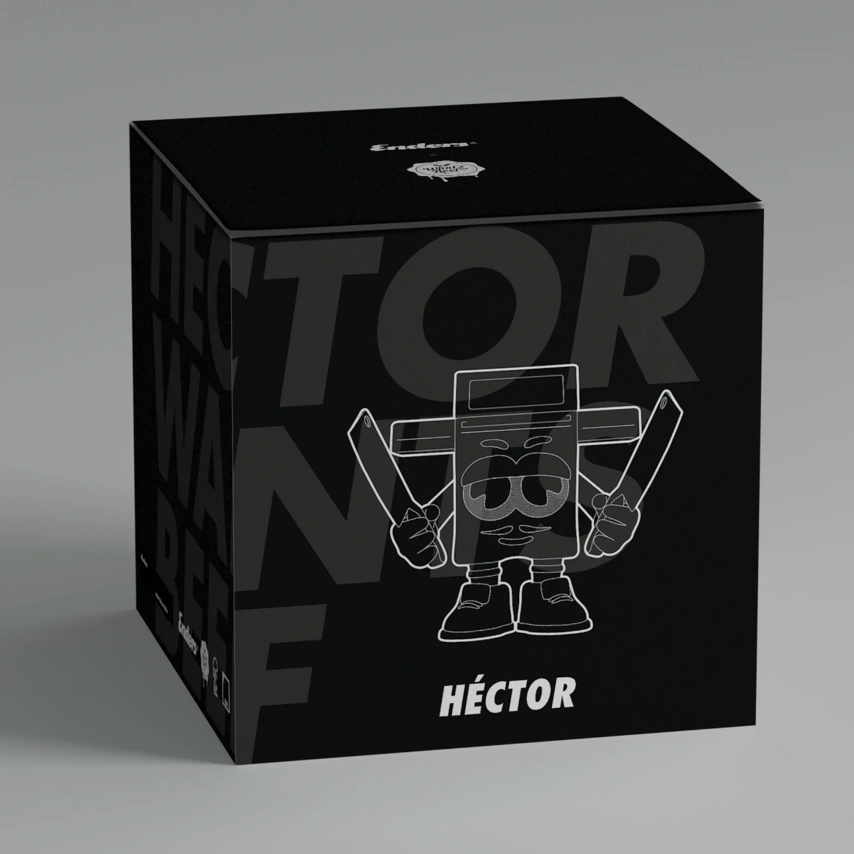 Schwarzer Würfelkarton mit der Aufschrift HÉCTOR und einer Cartoonfigur