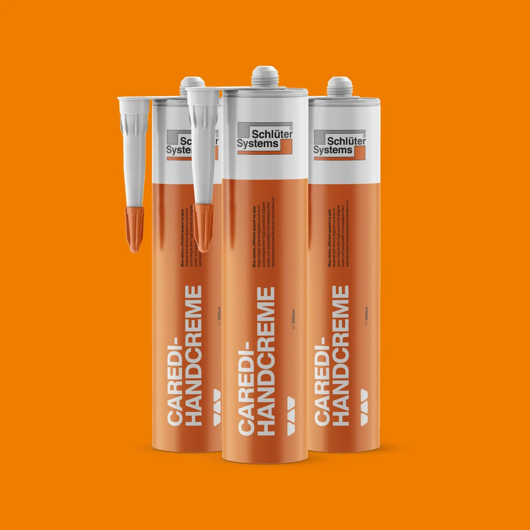 Drei orange Kartuschen „CAREDI-HANDCREME“ von Schlüter-Systems vor orangem Hintergrund