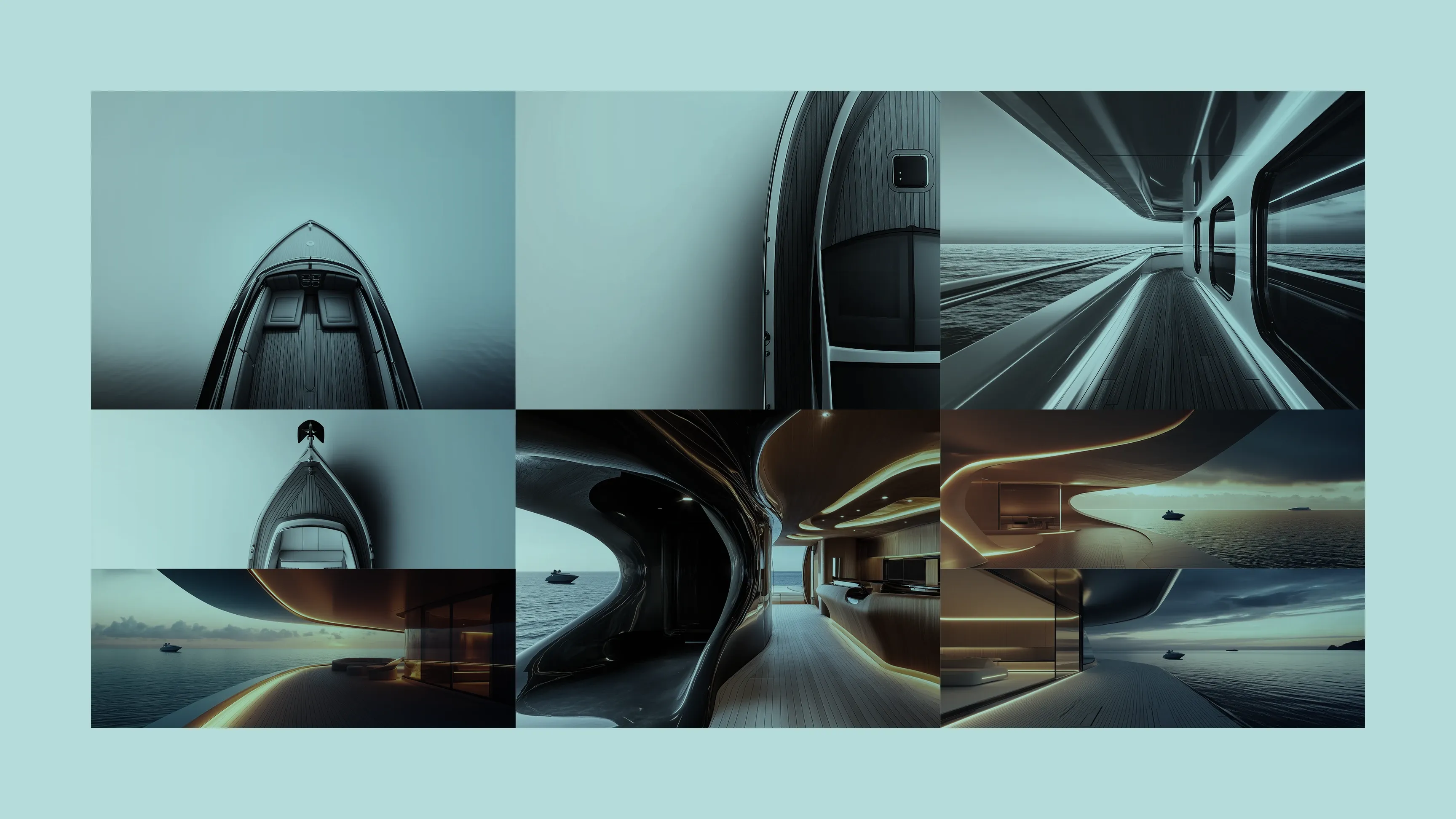 Collage futuristischer Yacht-Renderings mit Außen- und Innenansichten auf dem Meer