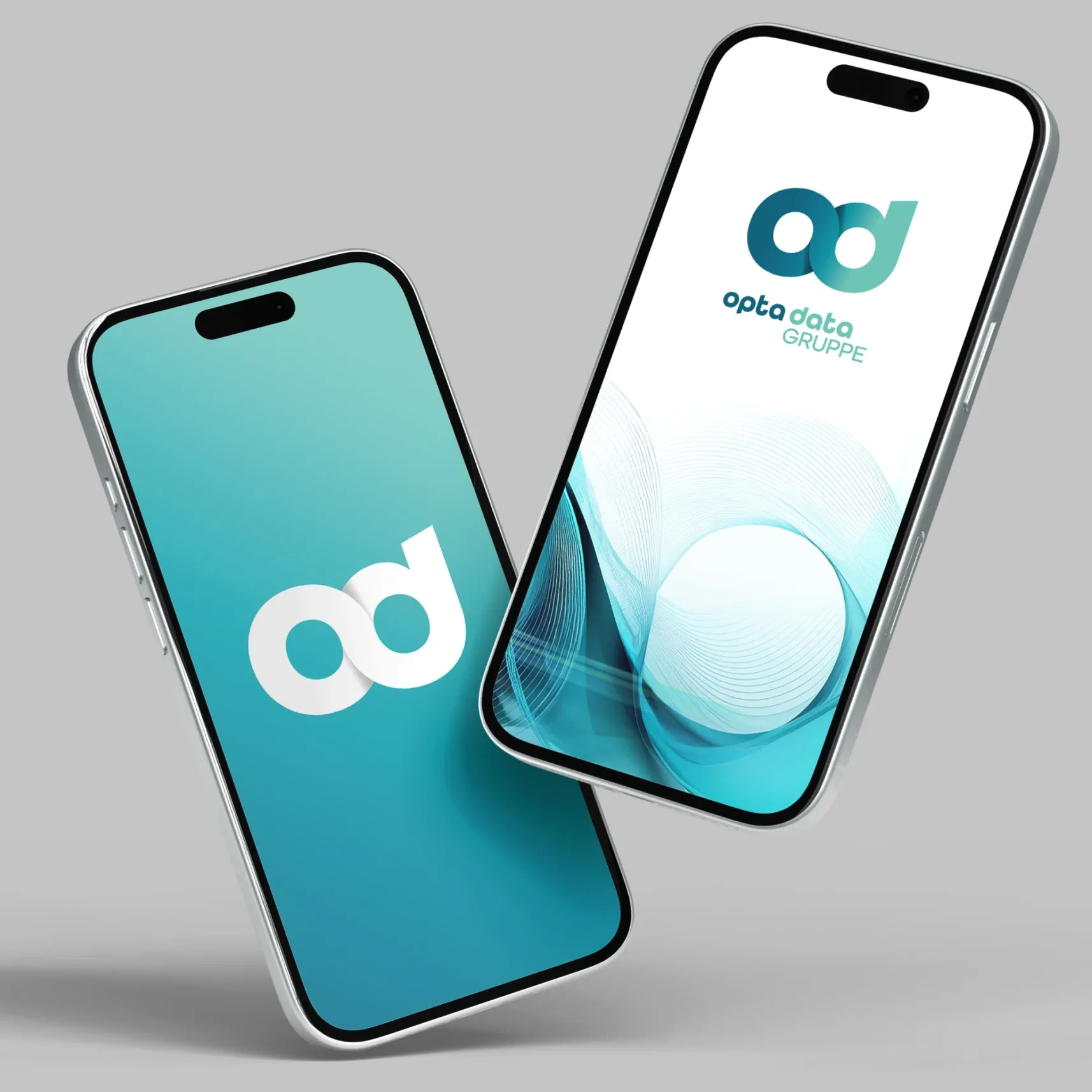 Zwei Smartphones mit opta data GRUPPE Logo und blauem Wellenmuster auf den Displays