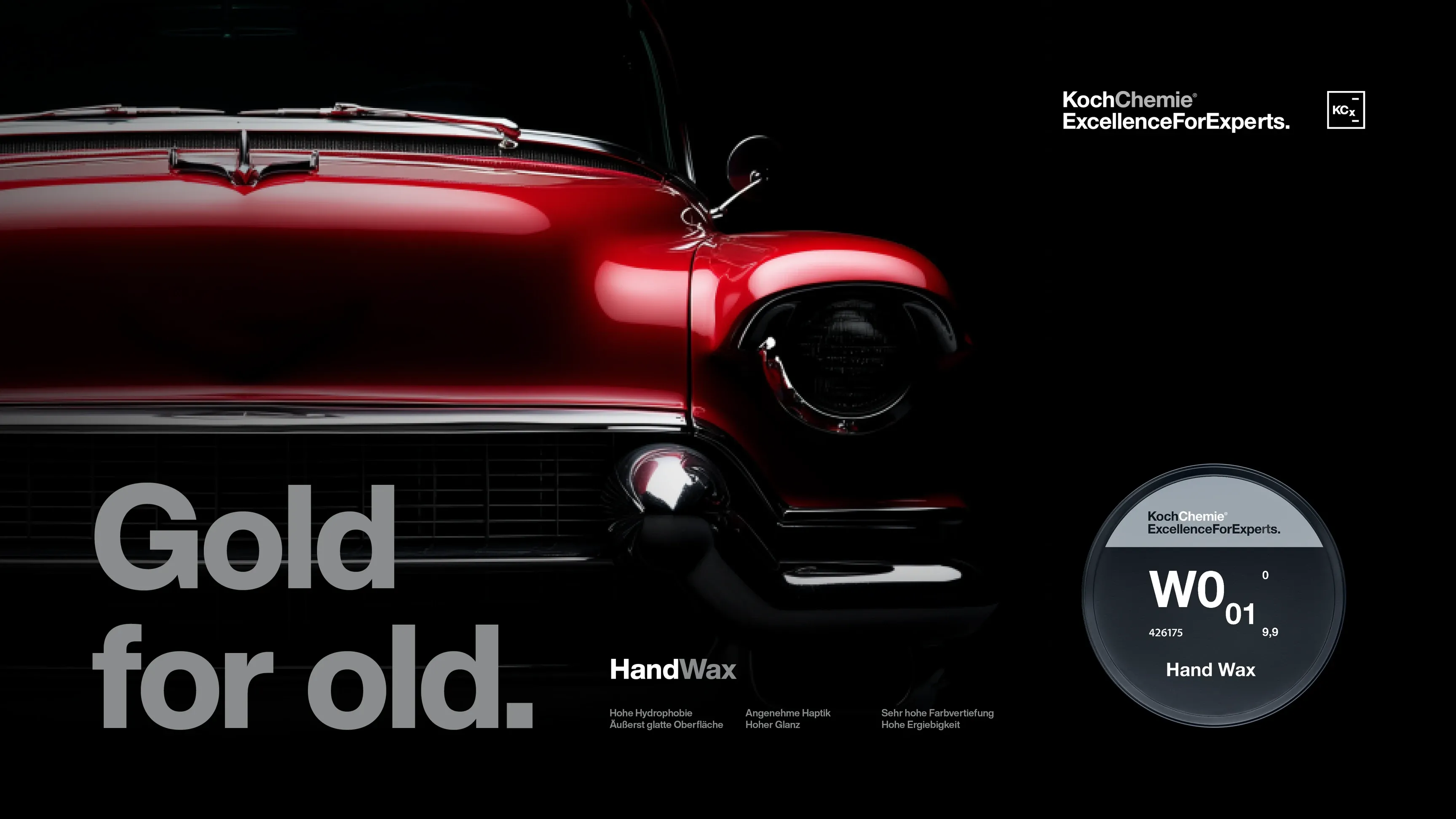Werbung mit roter Oldtimer-Front auf schwarzem Hintergrund, Text Gold for old und KochChemie HandWax-Dose