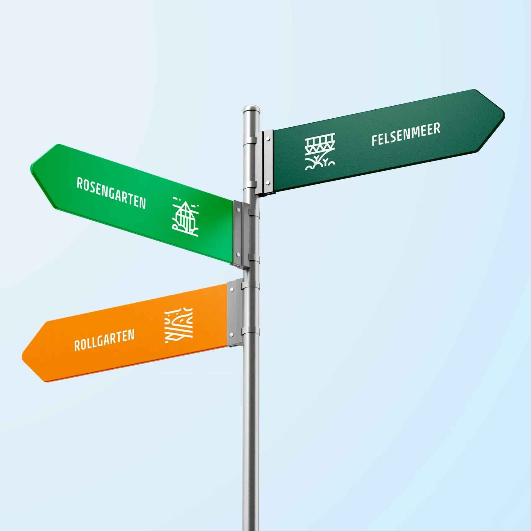 Wegweiser mit drei Pfeilen: Felsenmeer nach rechts (dunkelgrün), Rosengarten nach links (grün), Rollgarten nach links (orange)