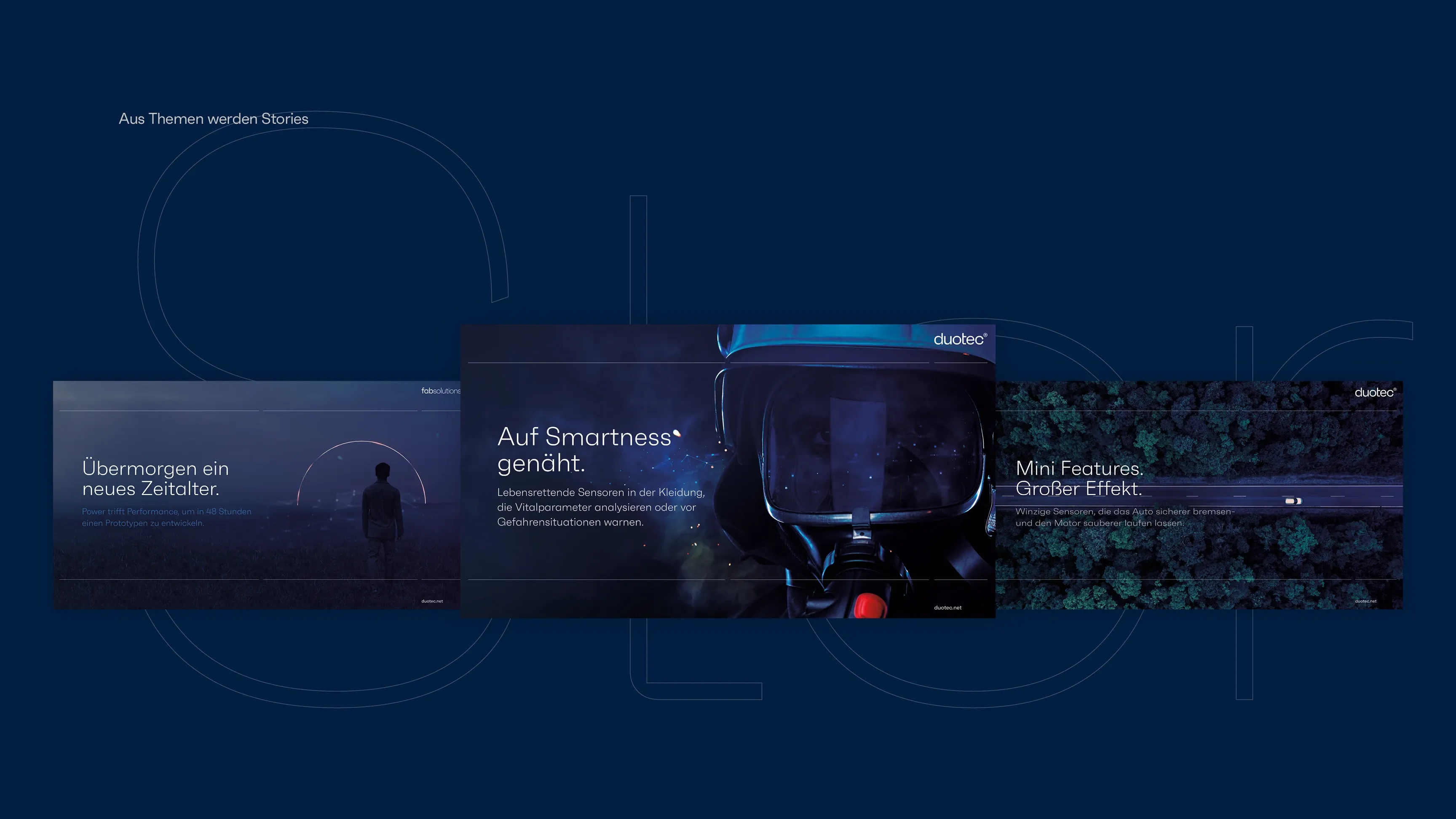 Dunkles Layout mit drei überlappenden Bannern mit deutschen Slogans, Silhouette, Person mit Helm und Luftaufnahme einer Straße