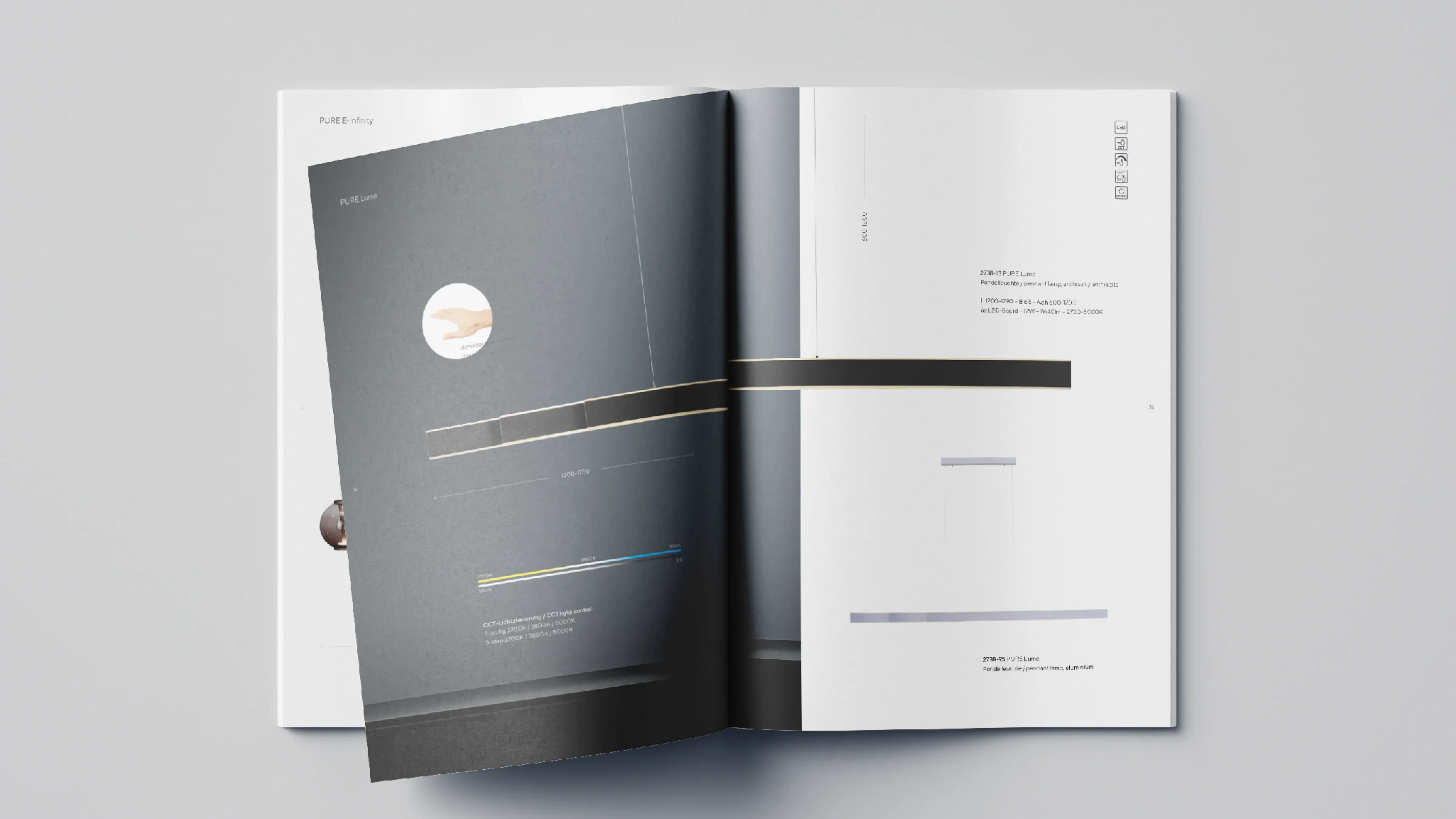 Aufgeschlagenes Magazin mit minimalistischem Layout, eine Seite halb umgeblättert