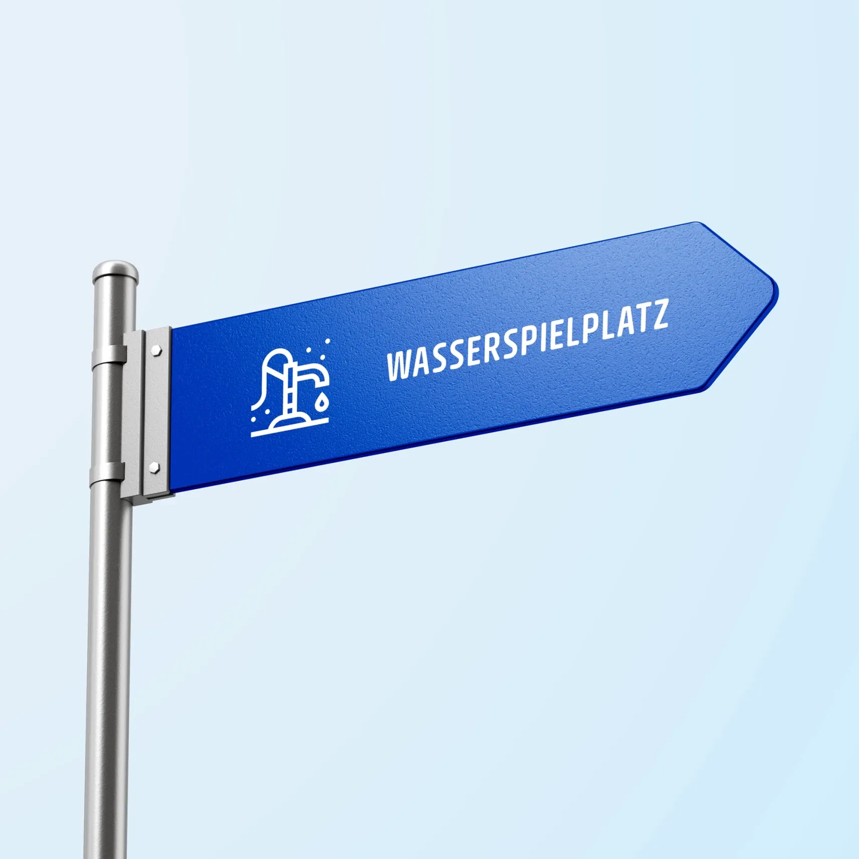 Blaues Pfeilschild auf Mast mit Aufschrift "WASSERSPIELPLATZ" und Wasserpumpen-Symbol