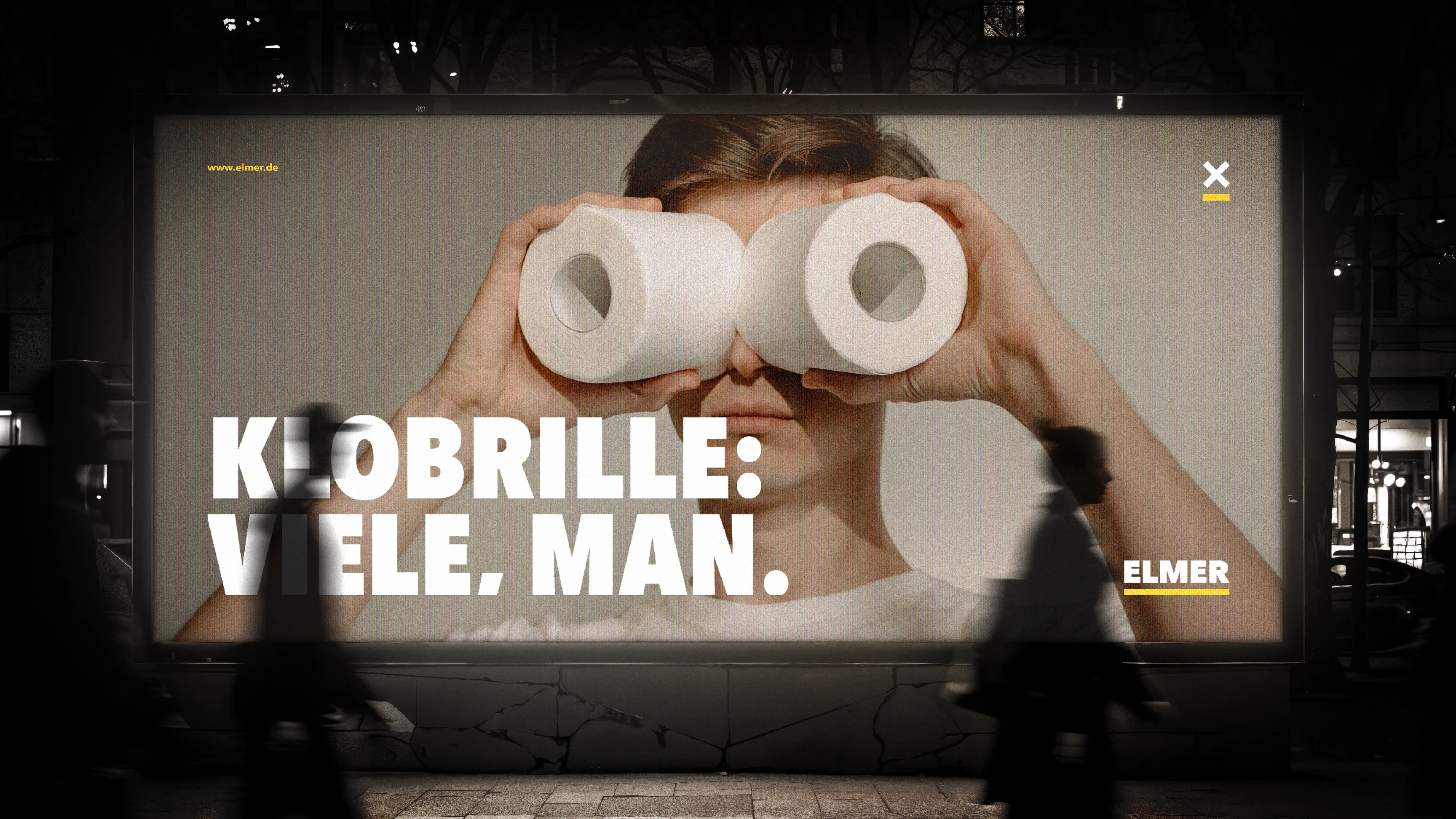 Leuchtendes Plakat: Person hält zwei Klopapierrollen wie Ferngläser, Text 'KLOBRILLE: VIELE, MAN'