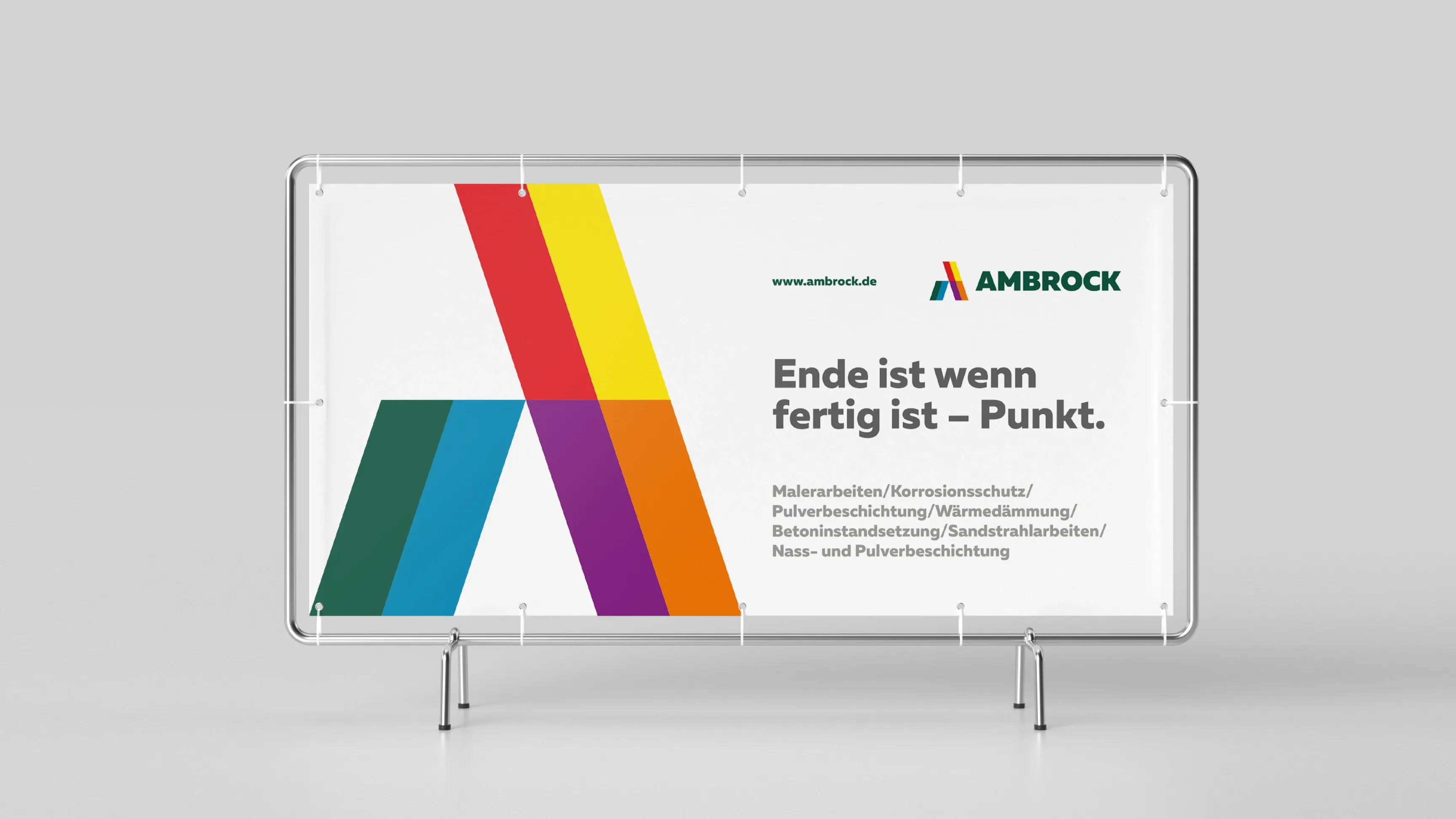 Ambrock-Werbebanner mit farbigem A-Logo und dem Slogan Ende ist wenn fertig ist – Punkt