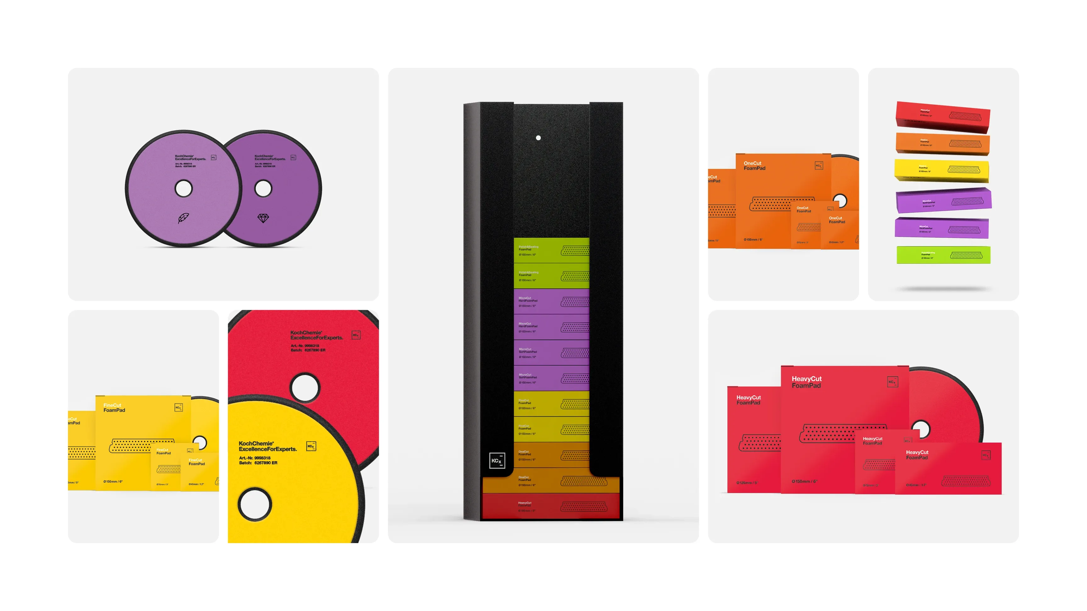 Collage eines Corporate-Designs in Gelb, Orange, Rot und Lila mit CDs, Karten und Verpackungen, zentrales schwarzes Gehäuse mit Farbstreifen