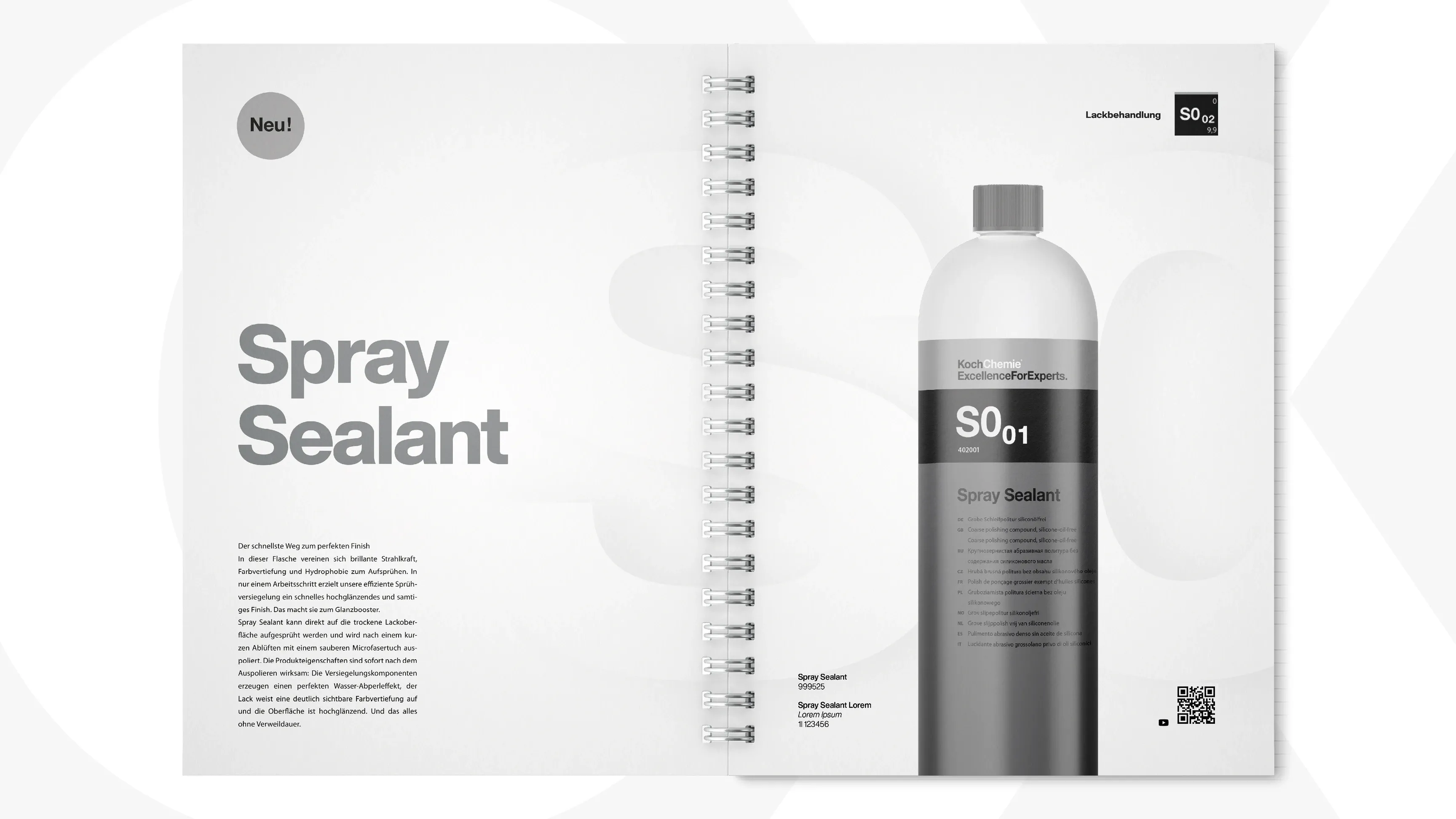 Offenes spiralgebundenes Katalogheft: links der Titel 'Spray Sealant', rechts eine große Produktflasche mit Etikett 'Spray Sealant' und QR-Code