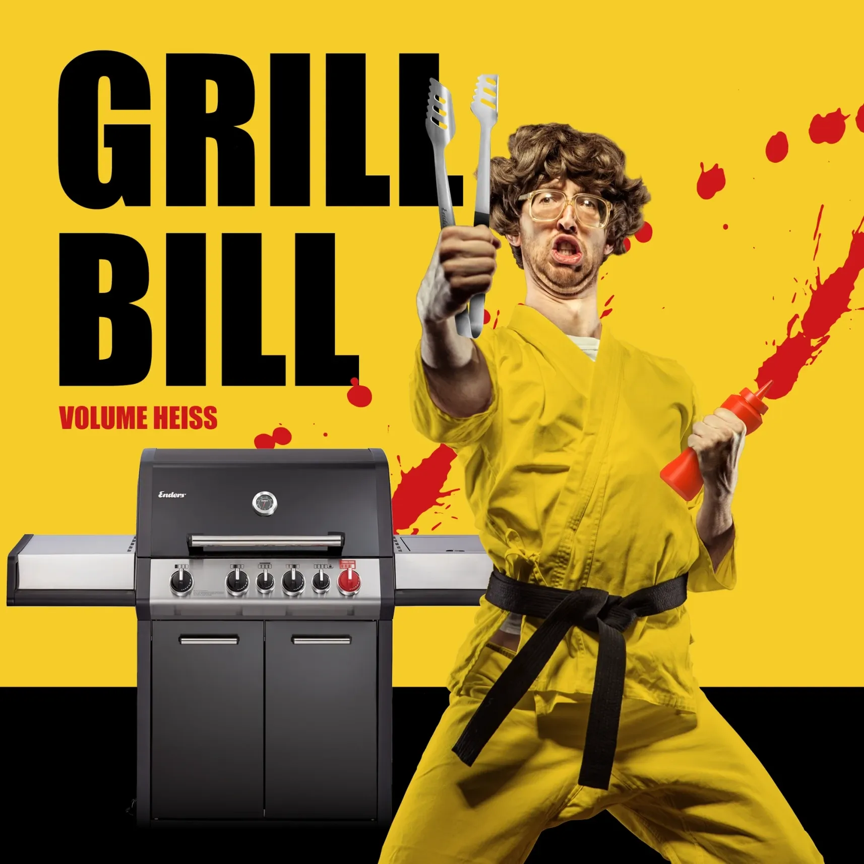 Parodieposter 'Grill Bill': Mann im gelben Jumpsuit mit Grillzange und Ketchup vor einem Gasgrill