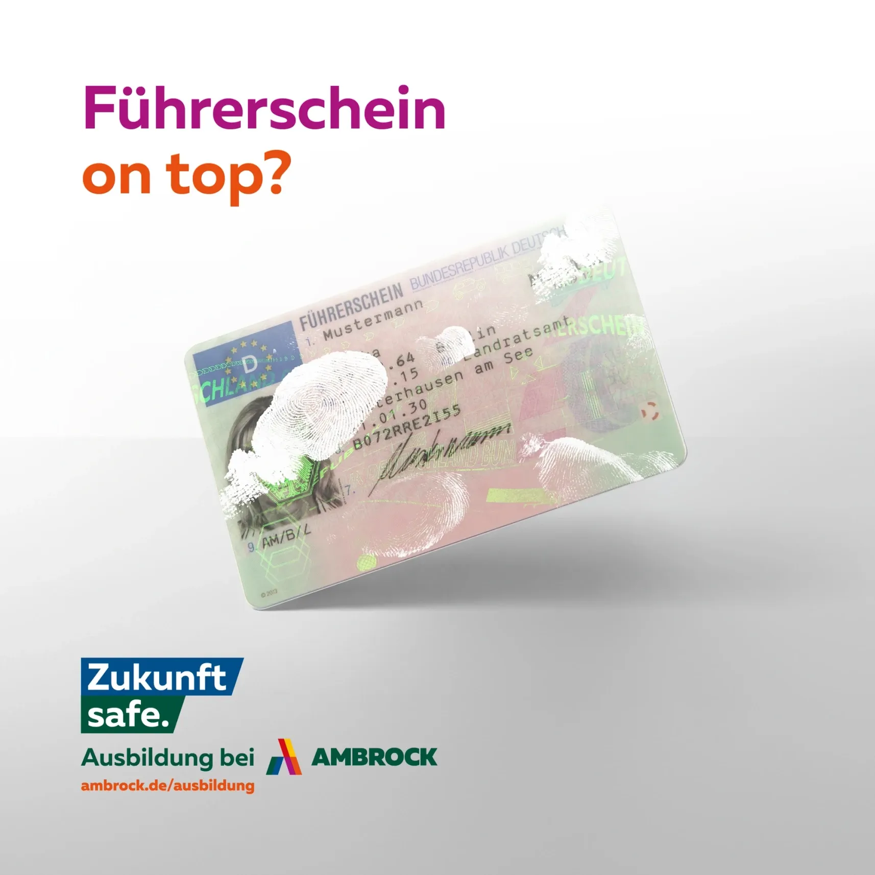 Werbegrafik mit deutschem Führerschein, Überschrift „Führerschein on top?“ und Hinweis „Ausbildung bei Ambrock“