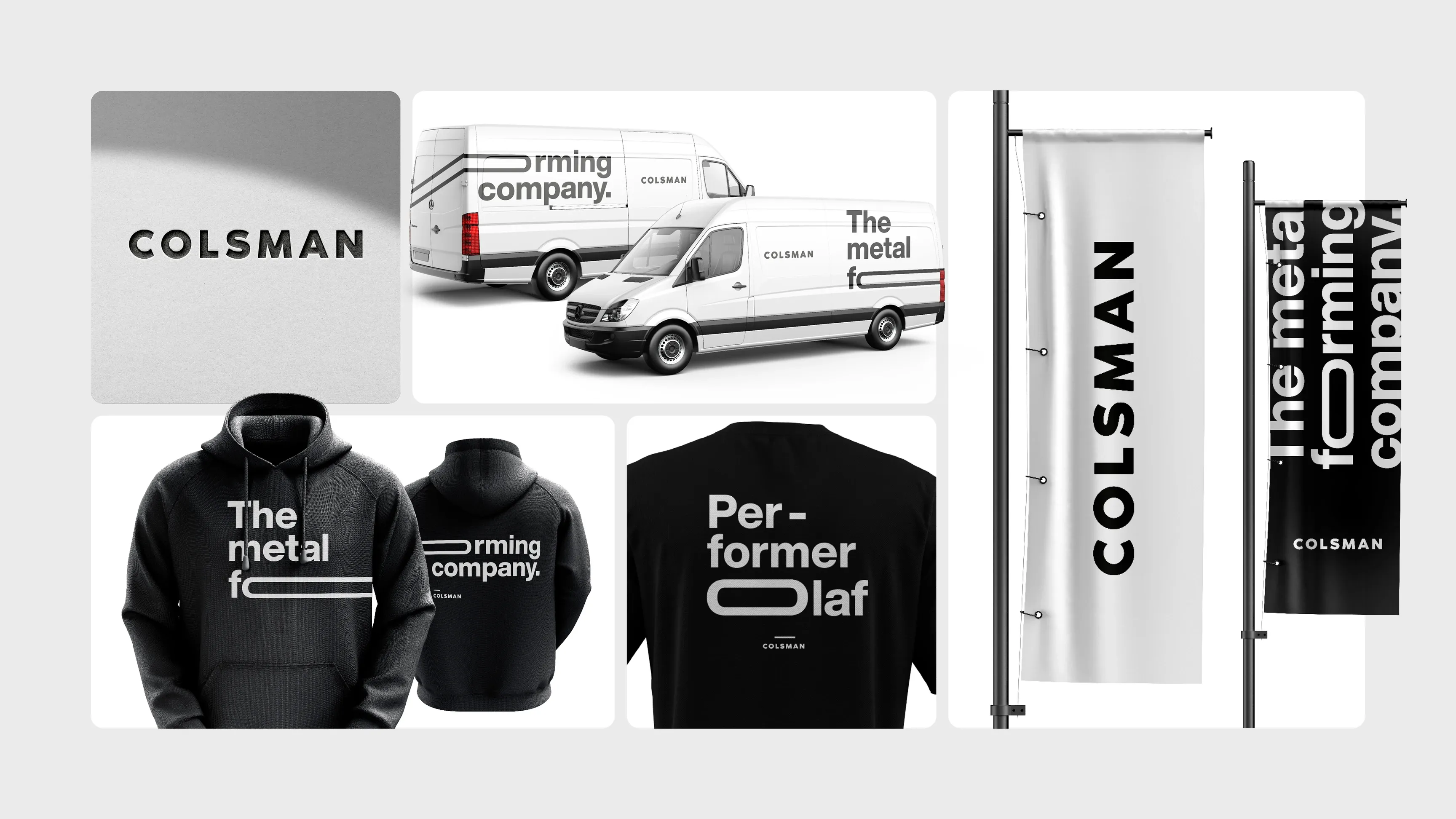 Schwarz-weiße Markenpräsentation von COLSMAN: „The metal forming company“ auf Lieferwagen, Hoodies und Fahnen