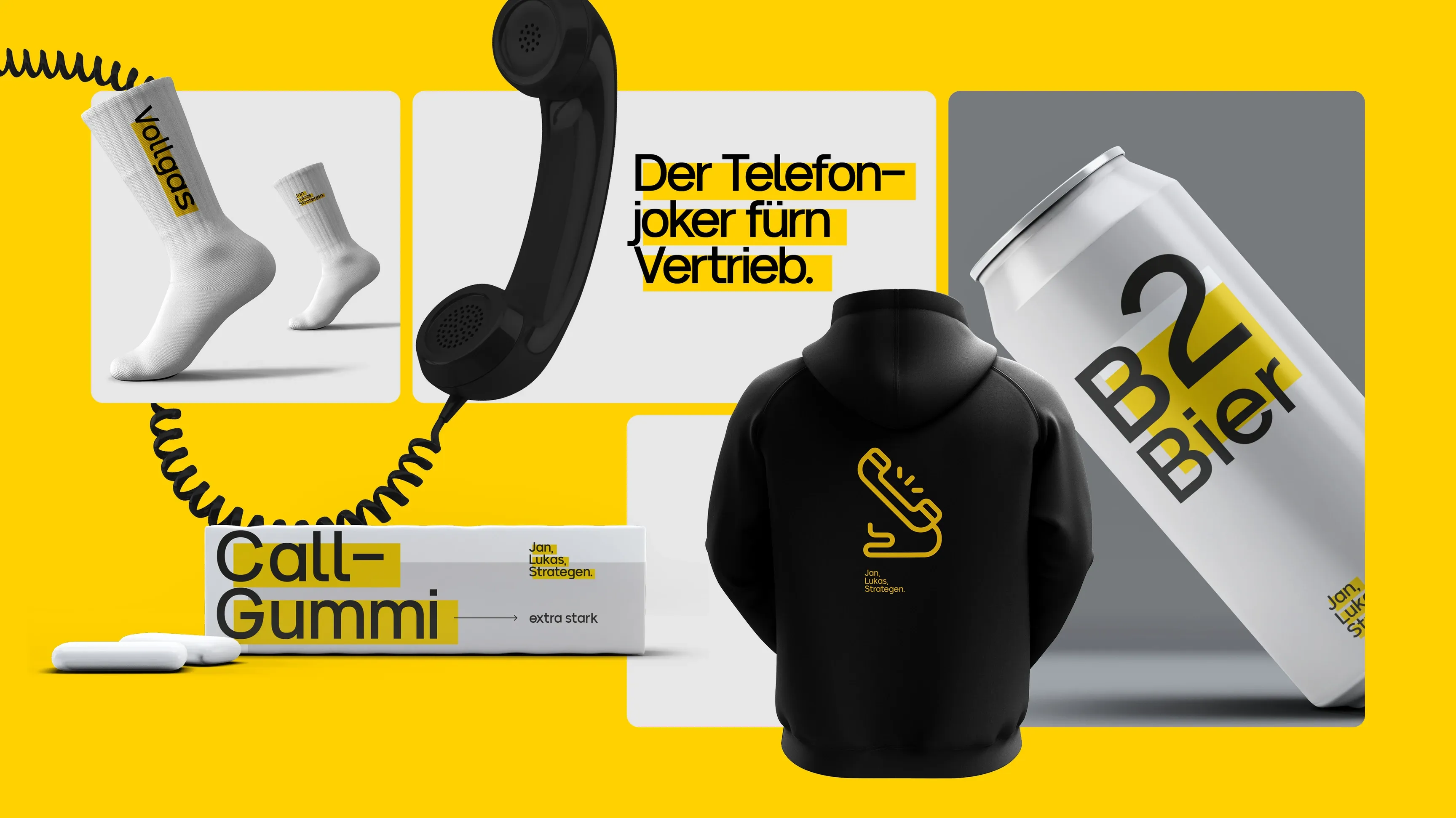 Gelb-schwarzes Werbemotiv mit Telefonhörer, Hoodie mit Hörer-Symbol, Socken, Getränkedose „B2 Bier“ und Schachtel „Call-Gummi“
