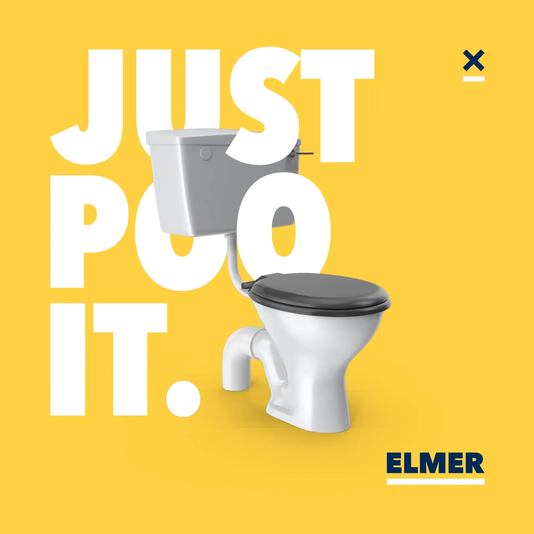 Toilette auf gelbem Hintergrund mit Text 'JUST POO IT' und Elmer-Logo