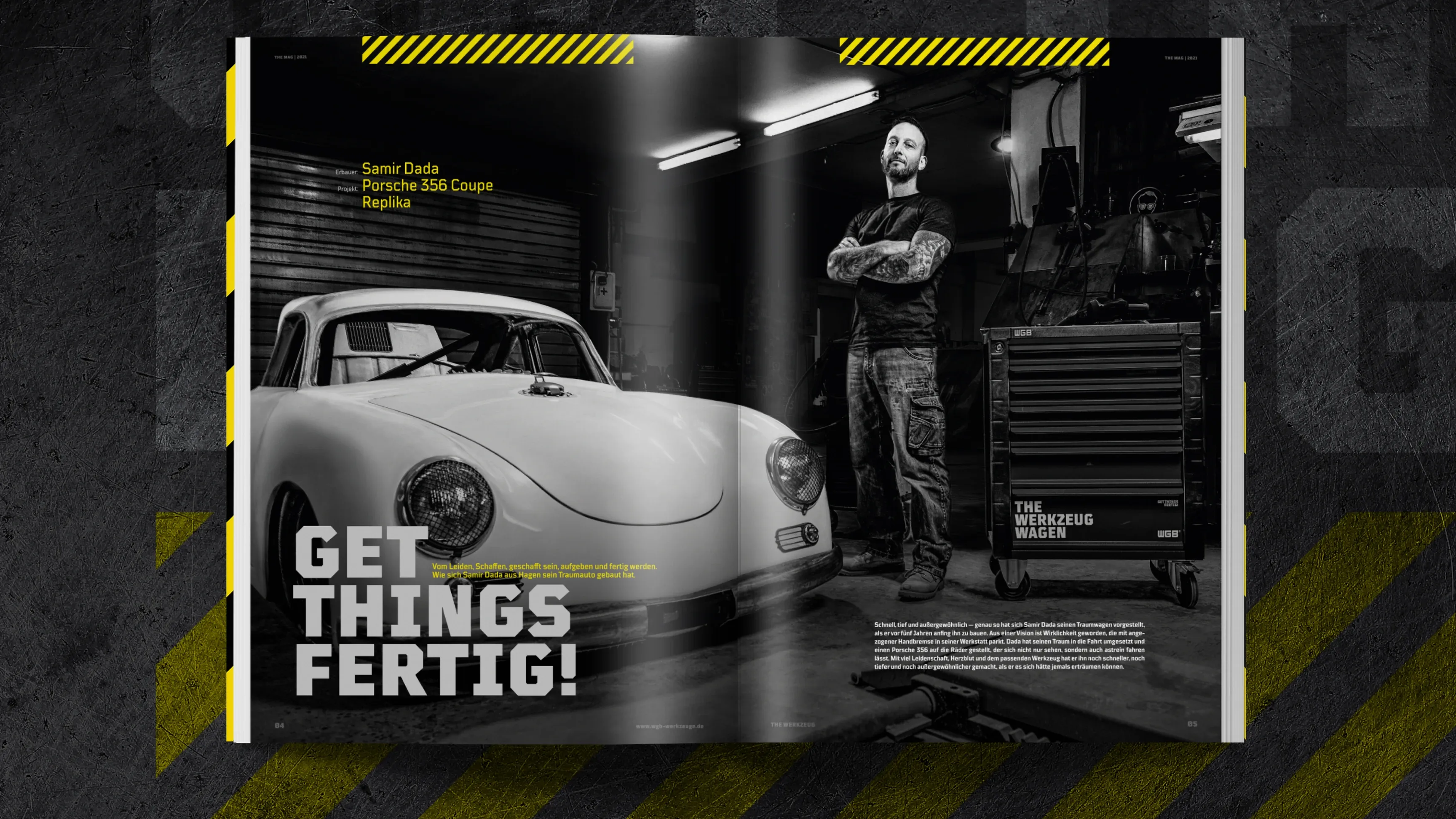Schwarz-weiß-Doppelseite: Oldtimer in einer Werkstatt, daneben ein Mann mit verschränkten Armen vor einem Werkzeugwagen, Überschrift „GET THINGS FERTIG!“