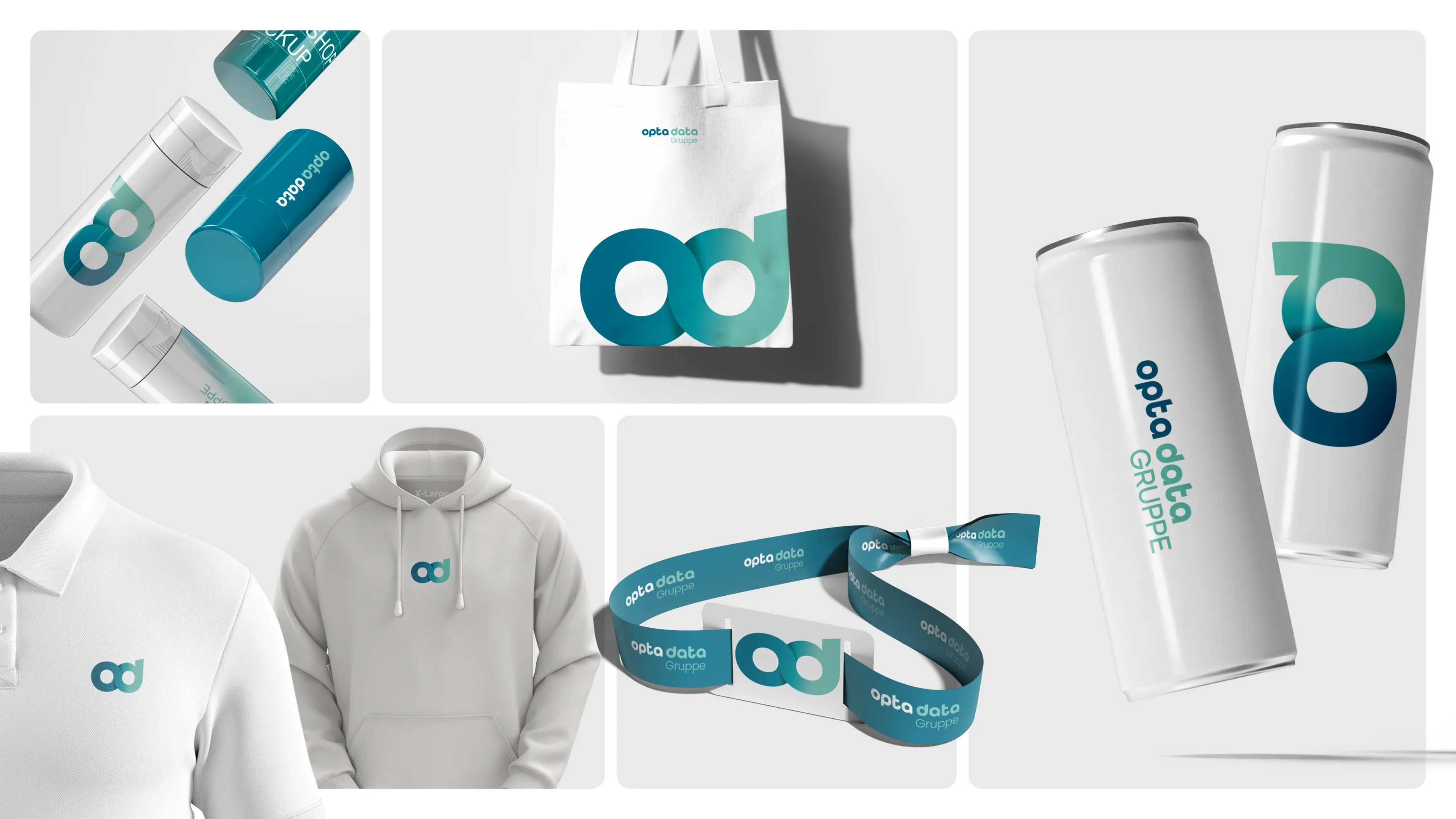 Collage von Werbeartikeln mit opta data gruppe Branding in Türkis und Weiß: Stoffbeutel, Hoodie, Poloshirt, Getränkedosen, Lanyard und Produktverpackungen