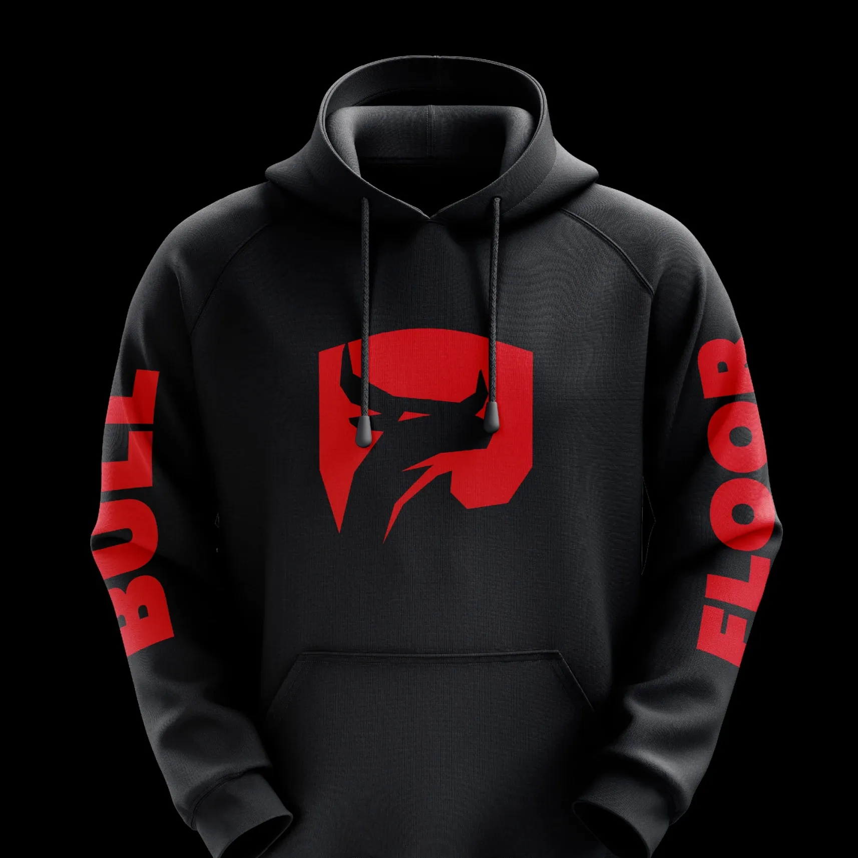 Schwarzer Hoodie mit rotem Bullenkopf-Logo auf der Brust und roter Aufschrift „BULL“ bzw. „FLOOR“ auf den Ärmeln