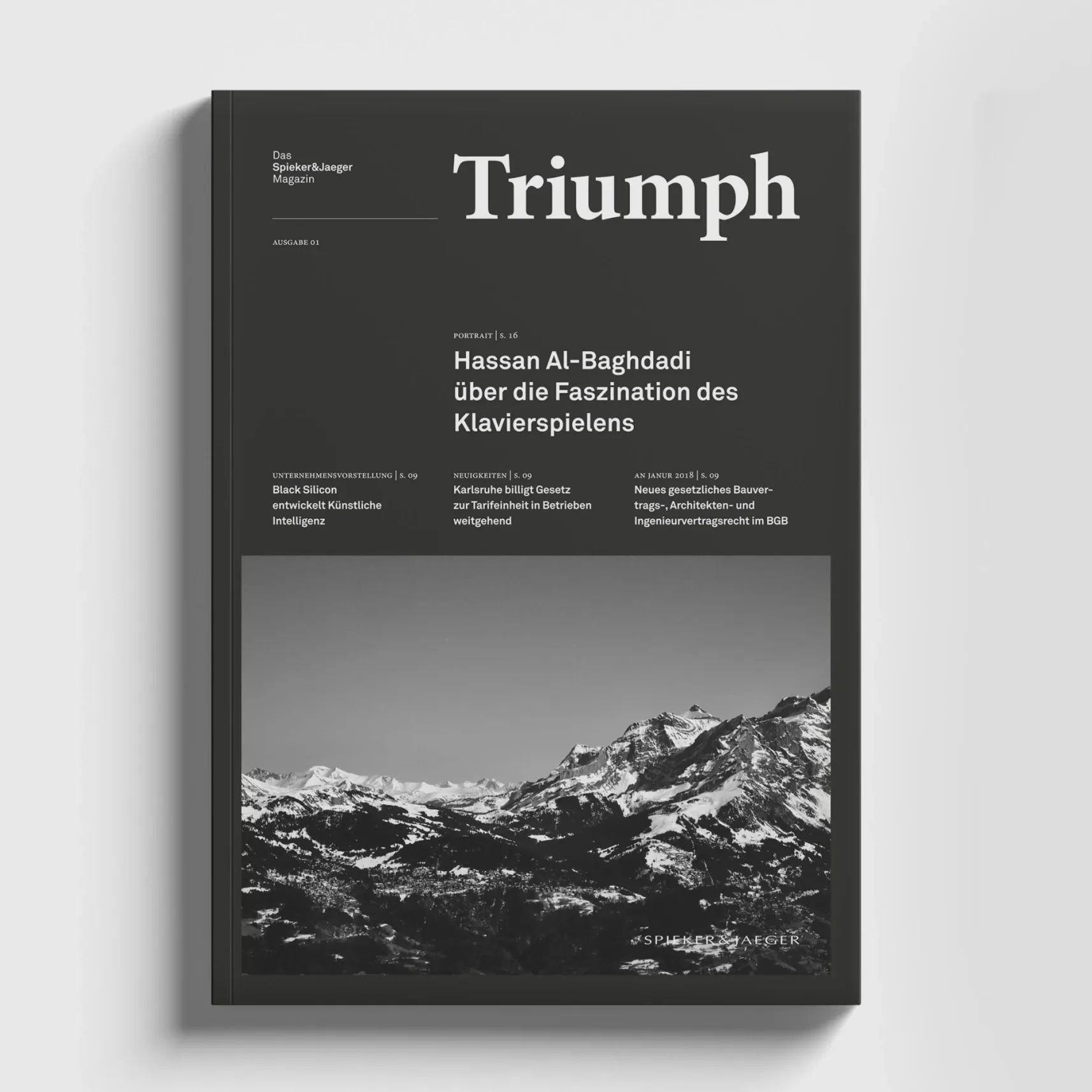 Magazincover „Triumph“ mit Überschrift zur Faszination des Klavierspielens und unten einem Schwarzweißfoto verschneiter Berge